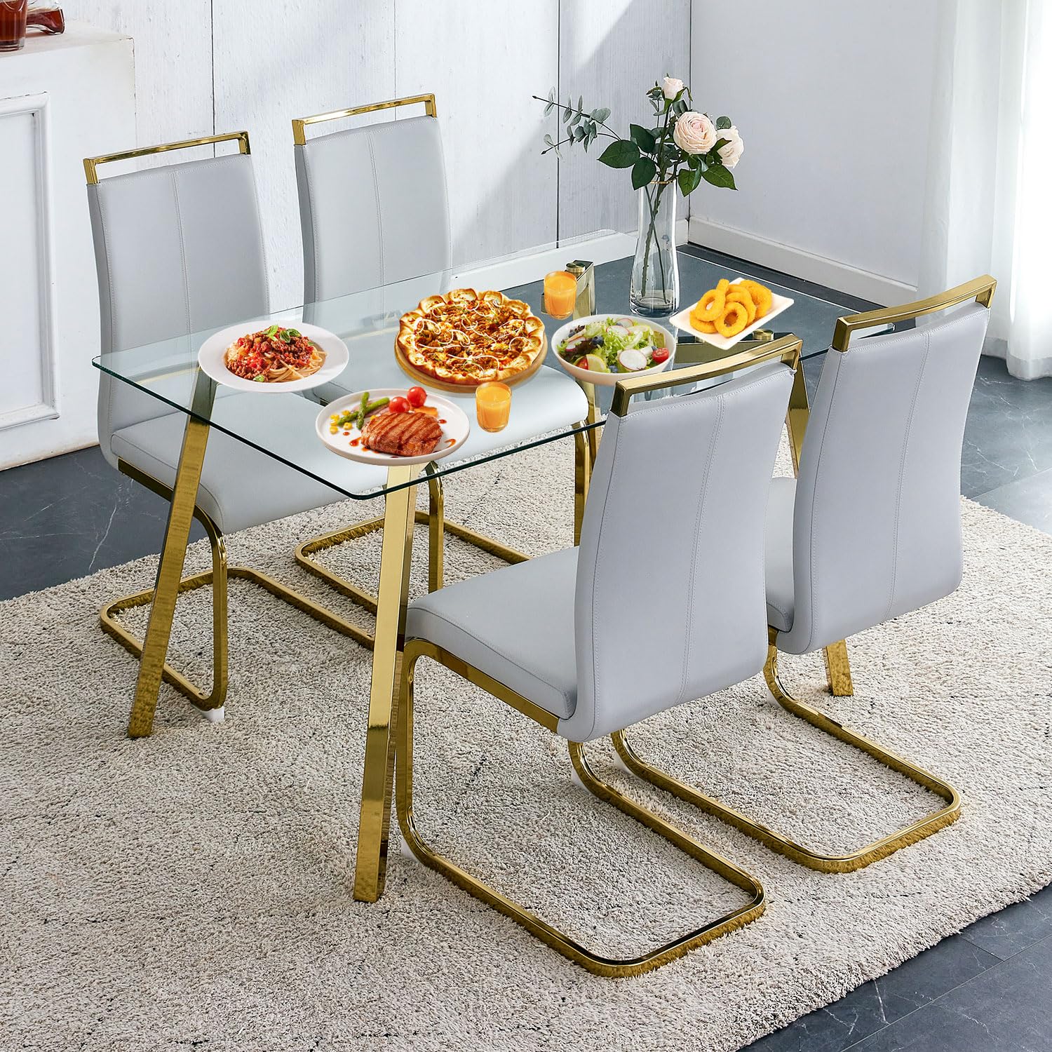 MEMUY Dining Table Set of 4,51 Rectangle Tempered Glass Table Top with Golden Metal Legs,Kitchen Room Table with 4 Light Grey Fa