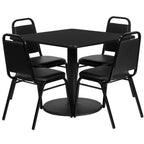 Flash Furniture Jamie 36'' Square Black Laminate Table Set with Round Base and 4 Black Trapezoidal Back Banquet Chairs