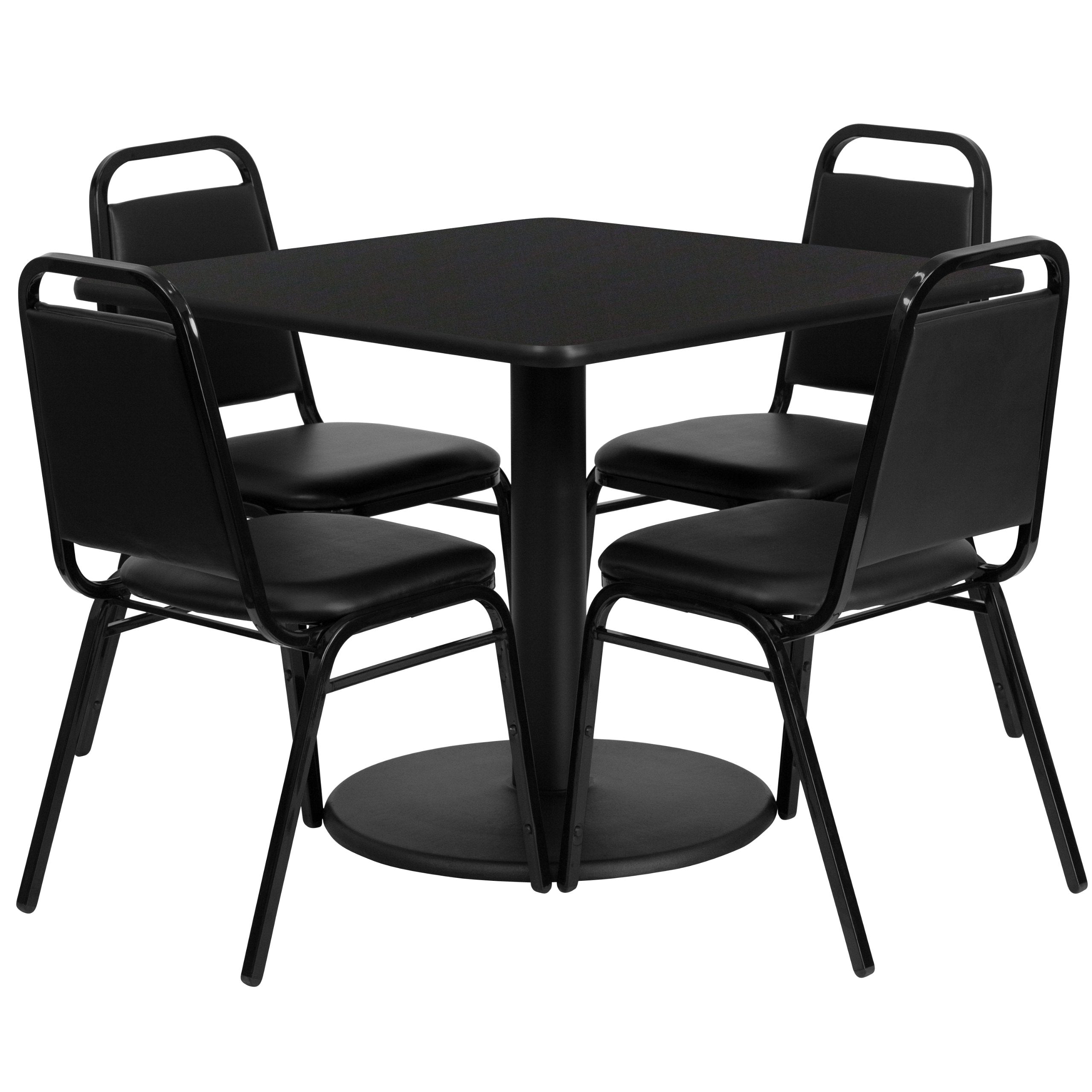 Flash Furniture Jamie 36'' Square Black Laminate Table Set with Round Base and 4 Black Trapezoidal Back Banquet Chairs