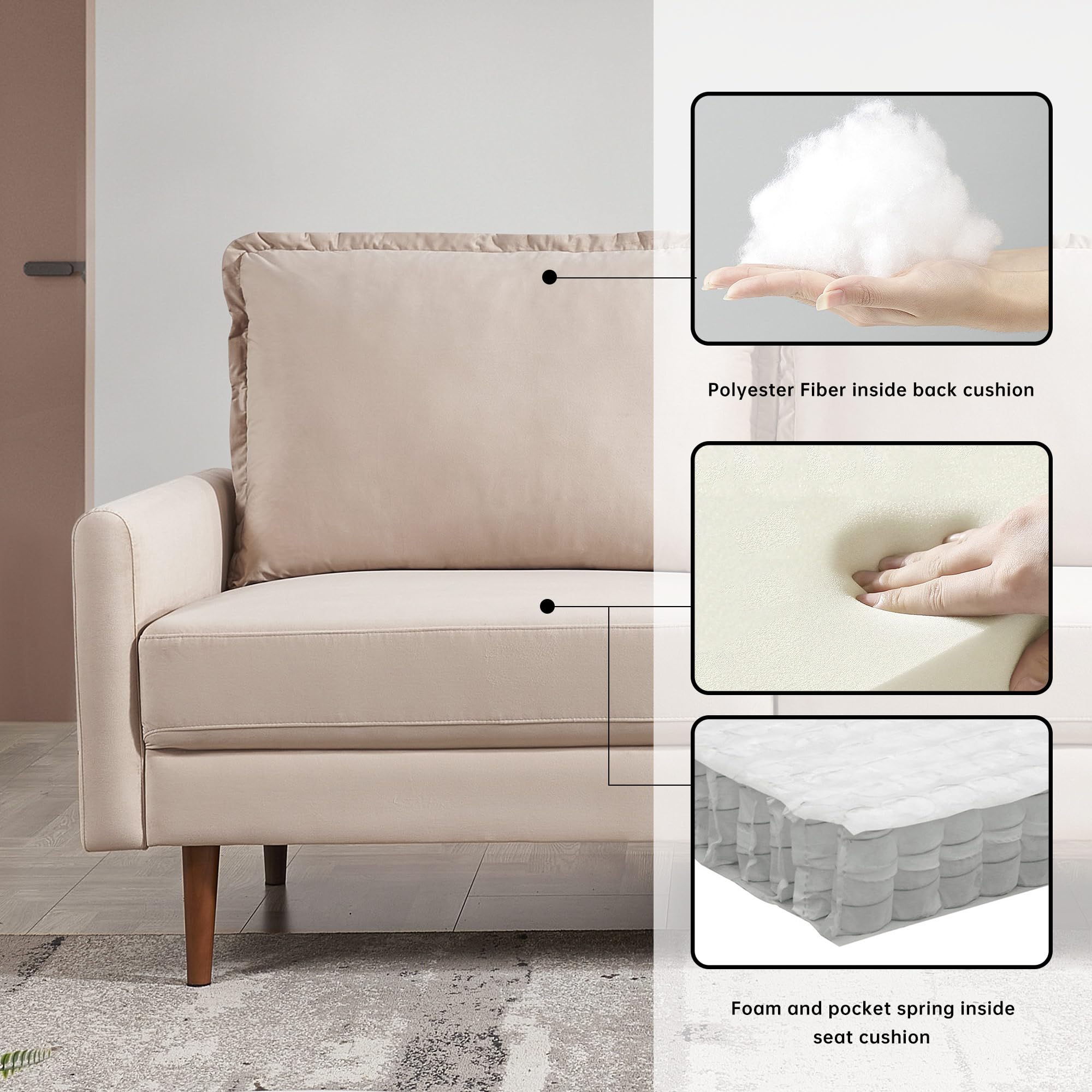 American Furniture Classics Beige 57 Inch Wide Upholstered Two Cushion Loveseat with Cambered Arms Velvet, 57" x 32" x 39"