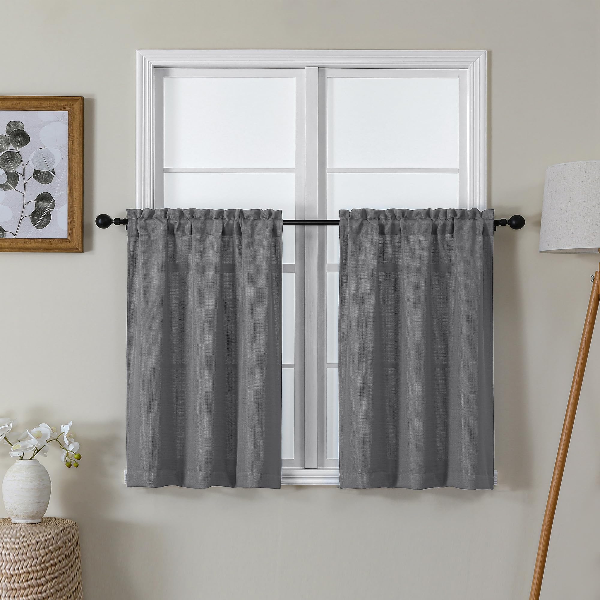 Lecloud Bessie Dark Grey Kitchen Curtains 30 Inch Length 2 Pcs, Faux Linen Textured Short Curtains for Small Windows, Light Filt