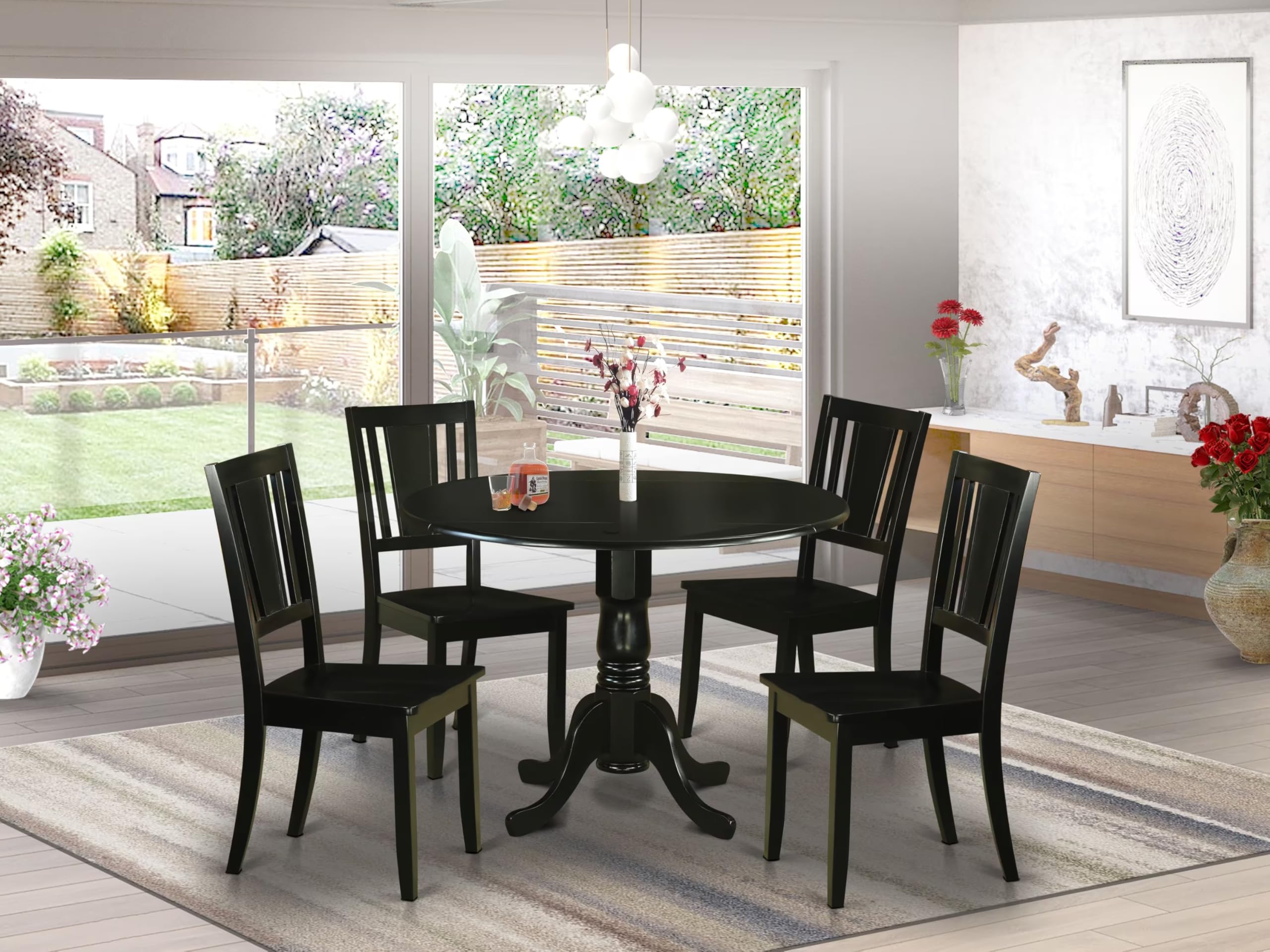 East West Furniture DLDU5-BLK-W 5 Piece Dining Table Set for 4 Includes a Round Kitchen Table with Dropleaf and 4 Dinette Chairs, 42x42 Inch, Black