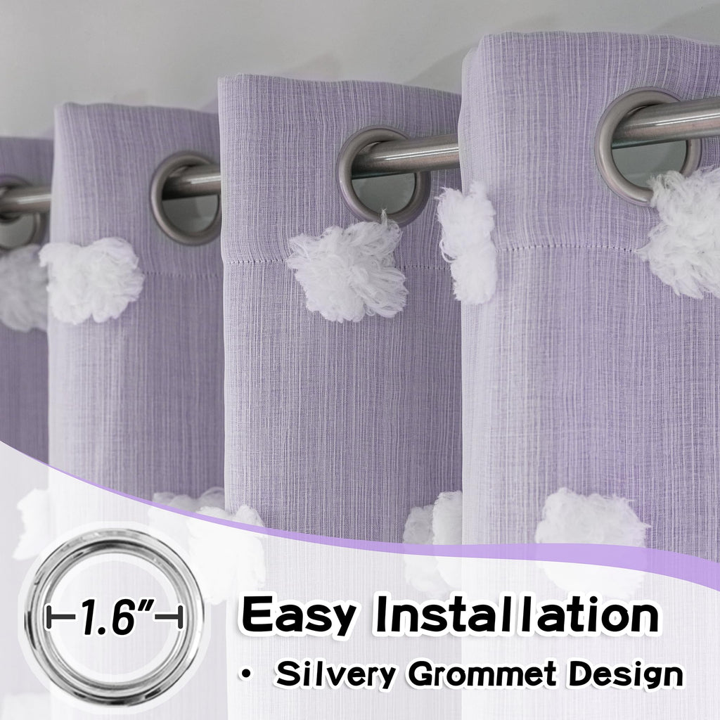 Mysky Home Girls Curtains For Bedroom Lilac Curtains 90 Inches Long Nursery Curtains White Pom Pom Sheer Curtains For Dining Room Grommet Double Layer Toddler Room Darkening Window Panels W52 X L90