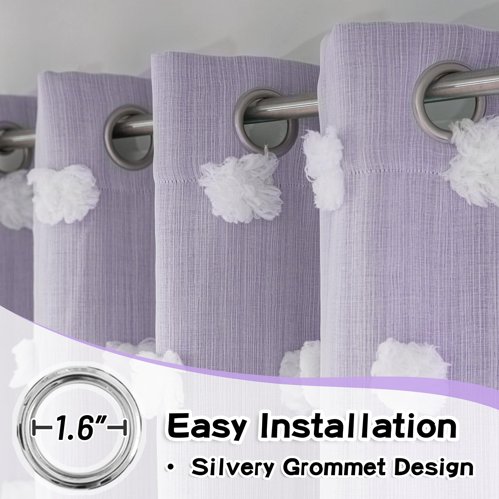Mysky Home Girls Curtains For Bedroom Lilac Curtains 90 Inches Long Nursery Curtains White Pom Pom Sheer Curtains For Dining Room Grommet Double Layer Toddler Room Darkening Window Panels W52 X L90