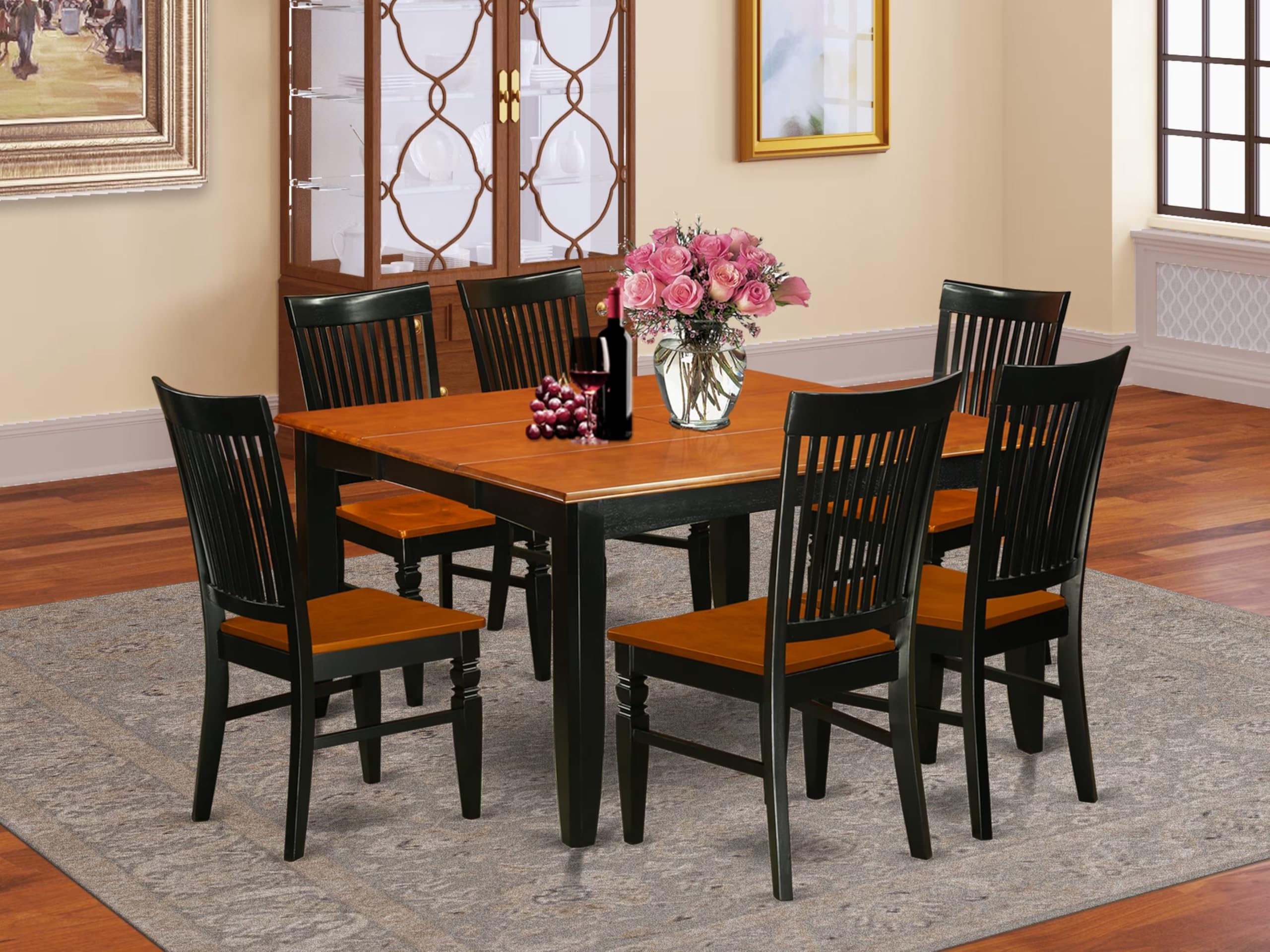 East West Furniture Pfwe7-Bch-W 7 Piece Kitchen Table Set Consist Of A Square Dining Table With Butterfly Leaf And 6 Dining Room Chairs, 54X54 Inch, Black & Cherry