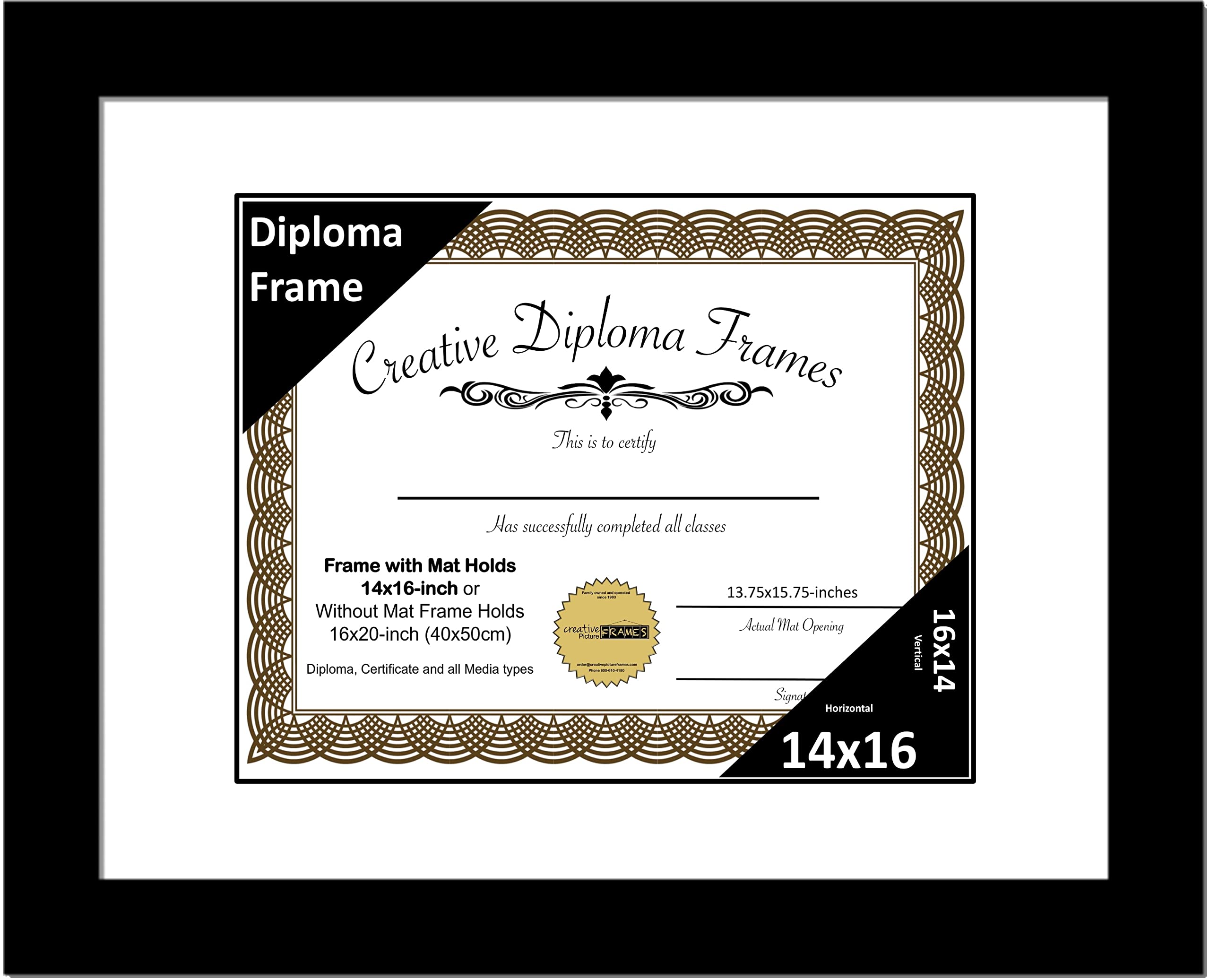 Creative Picture Frames 14x16 Classic Black Diploma Frame with White Mat Glass Easel and Installed Wall Hangers | Frame Holds 16