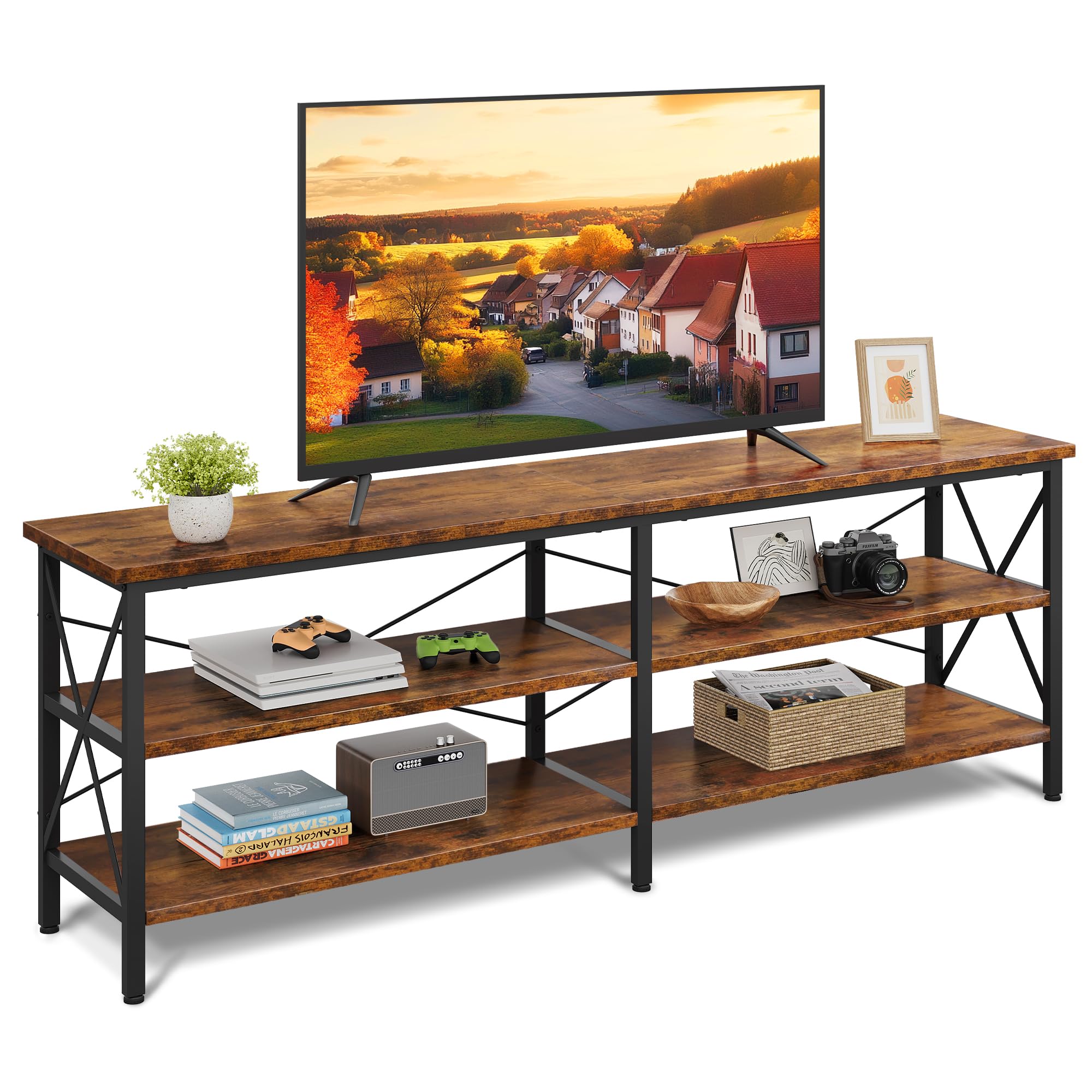 Wlive Tv Stand Up To 70 Inch Tv, 63' Entertainment Center, Tv Media Console With 3-Tier Storage Shelves For Living Room And Bedroom, Rustic Brown