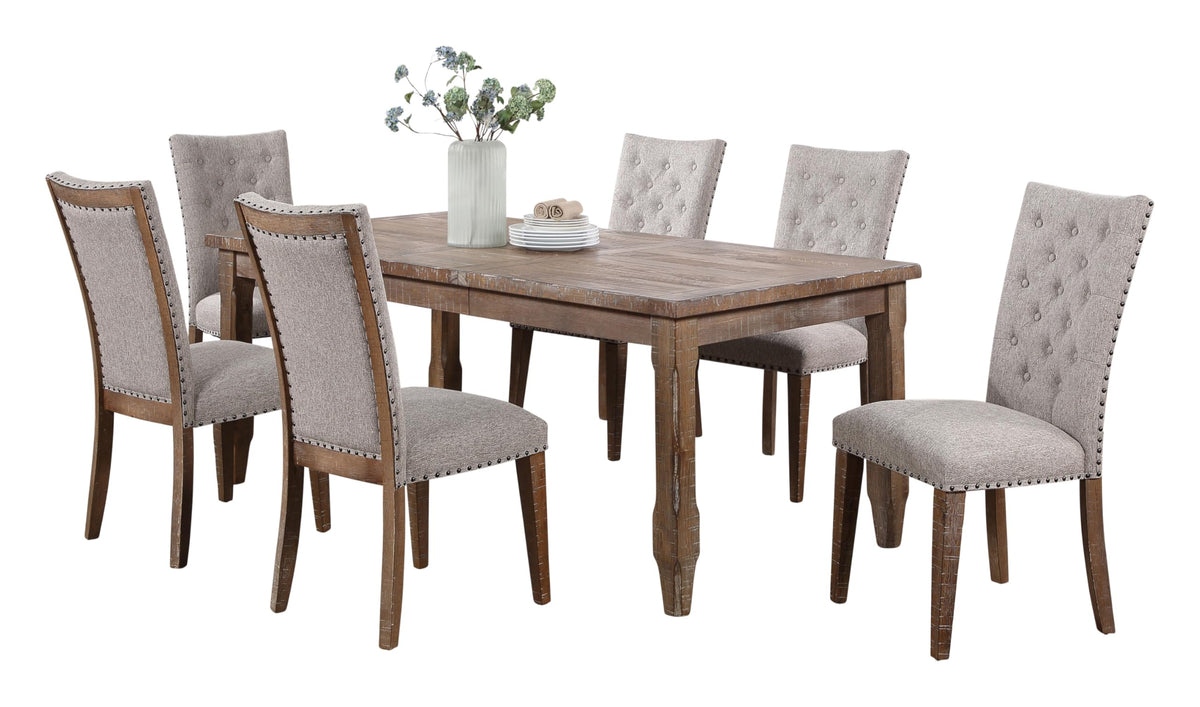 Steve Silver Co Riverdale 7pc Dining Table Set, 64&quot;-80&quot; Rectangular Table w/ 16&quot; Leaf, 6 Riverdale Tifted Upholstered Side Chairs, Dining Room, 64&quot; L x 40&quot; W x 30&quot; H, Brown