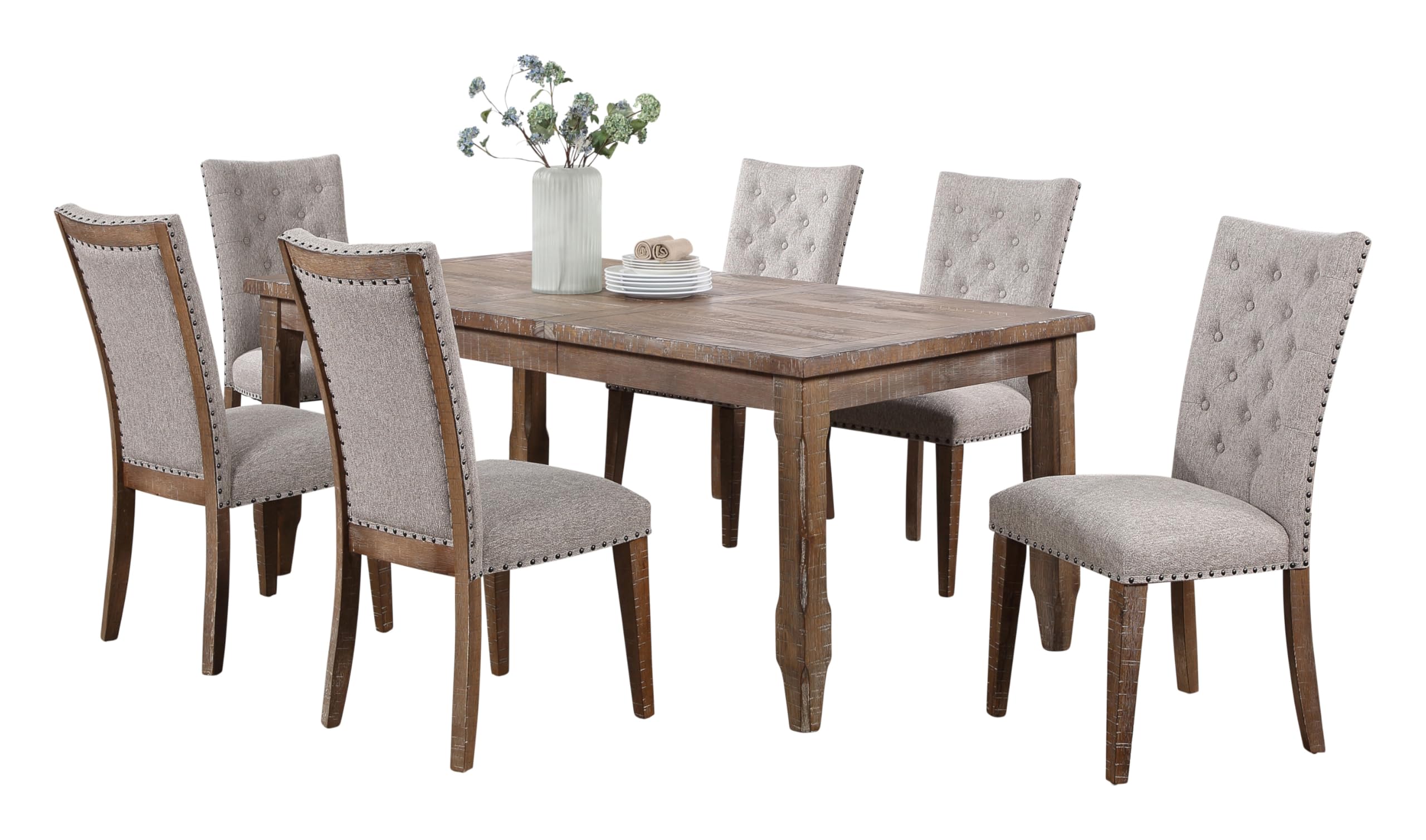 Steve Silver Co Riverdale 7pc Dining Table Set, 64"-80" Rectangular Table w/ 16" Leaf, 6 Riverdale Tifted Upholstered Side Chairs, Dining Room, 64" L x 40" W x 30" H, Brown