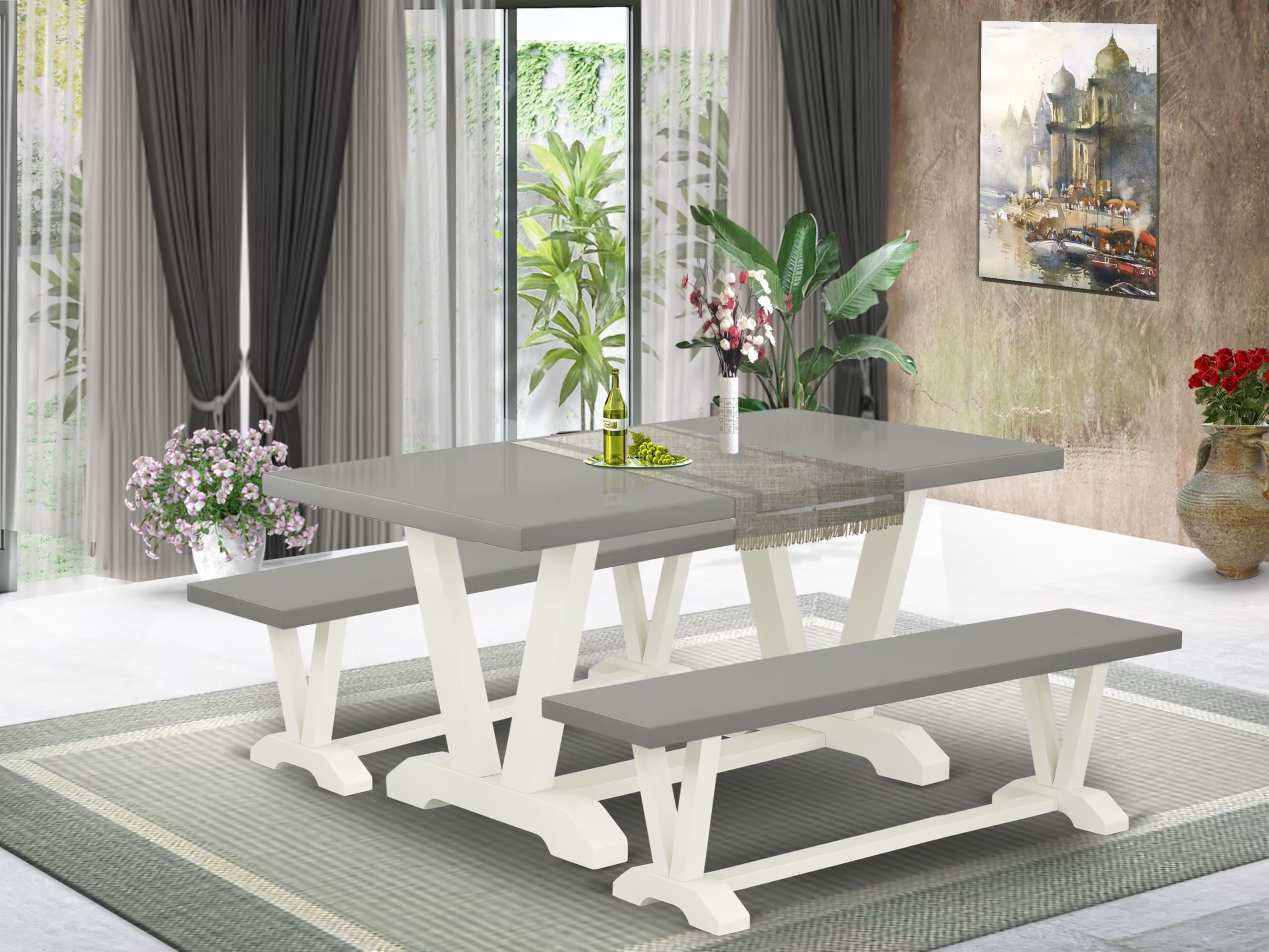 East West Furniture V2-096 3 Piece Dining Room Table Set Contains a Rectangle Kitchen Table with V-Legs and 2 Dining Bench, 36x60 Inch, Multi-Color