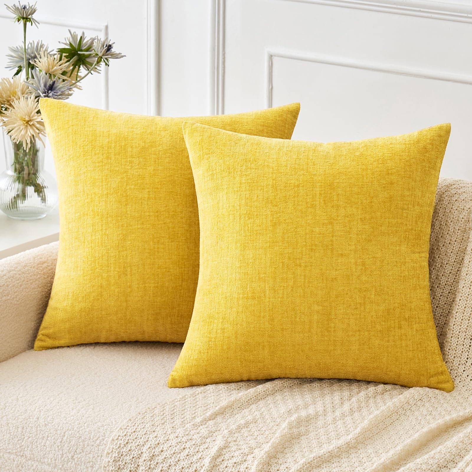 Miulee Pack Of 2 Couch Throw Pillow Covers 18X18 Inch Soft Yellow Chenille Pillow Covers For Sofa Living Room Solid Dyed Pillow