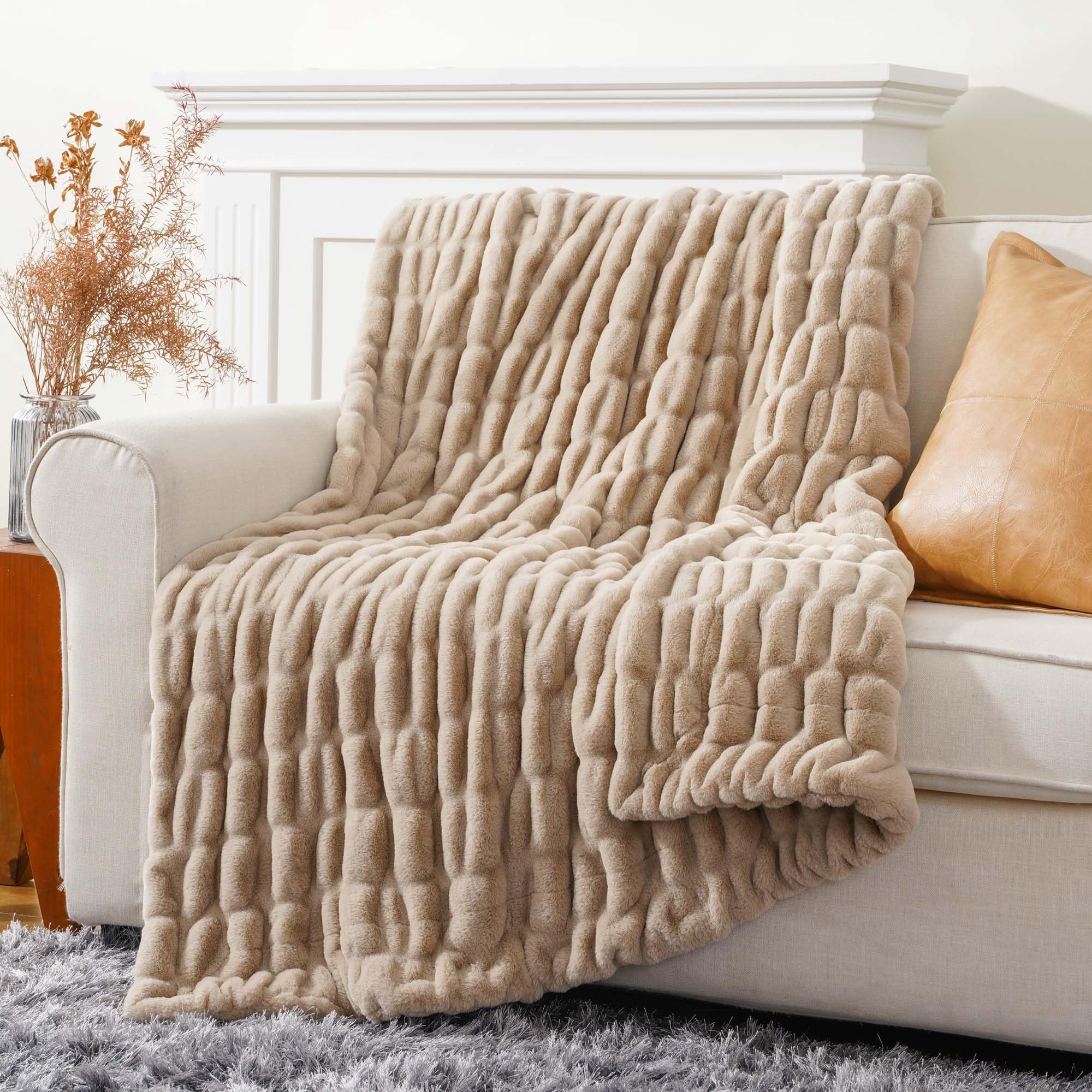 Battilo Home Beige Faux Fur Throw Blanket, Double Side Reversible Ruched Rabbit Fur Blanket For Couch, Bed, Cozy Soft Warm Mink