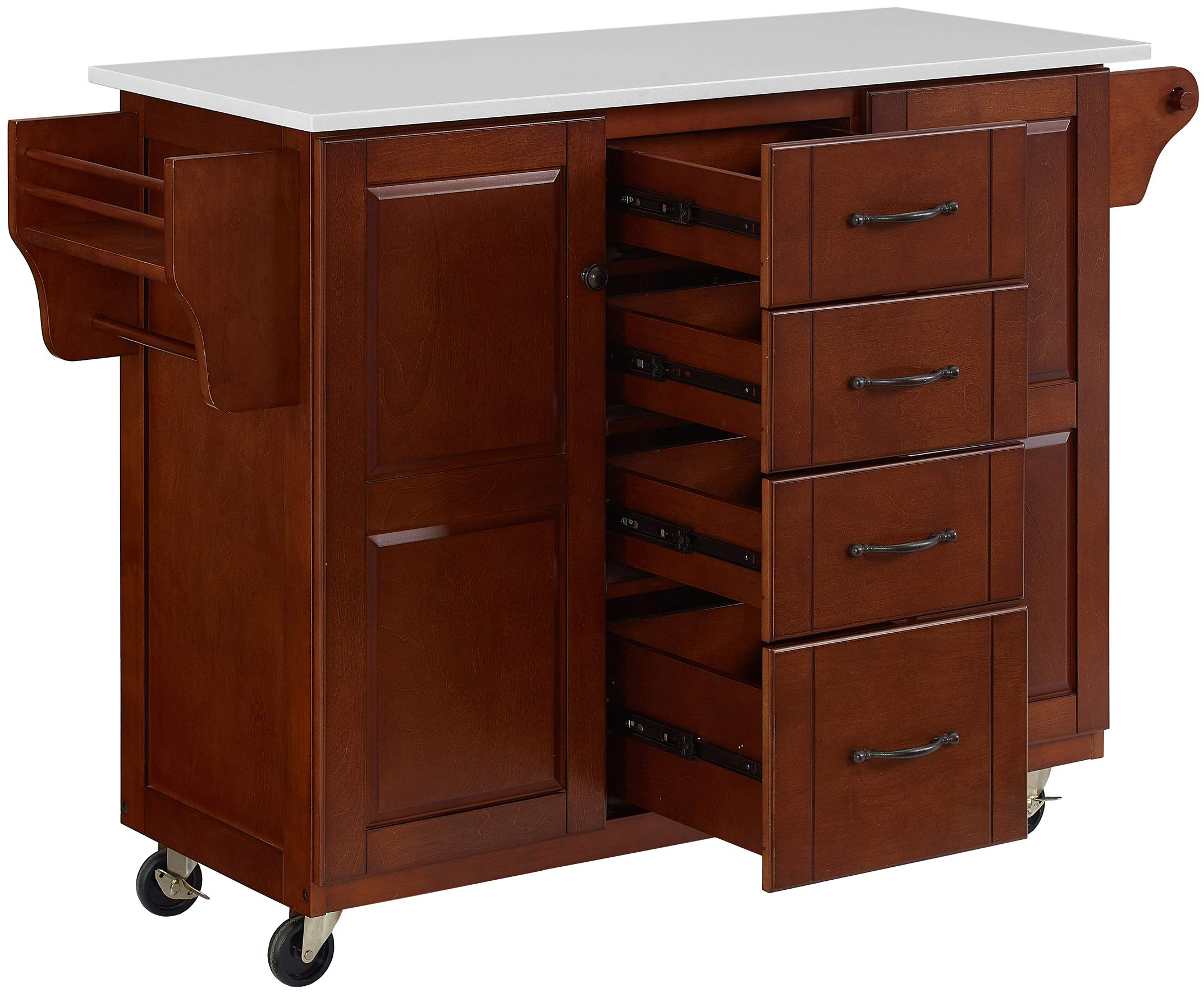Crosley Furniture Eleanor Stone Top Rolling Cart And Kitchen Island With Spice Rack, Drawers And Shelves, Mahogany