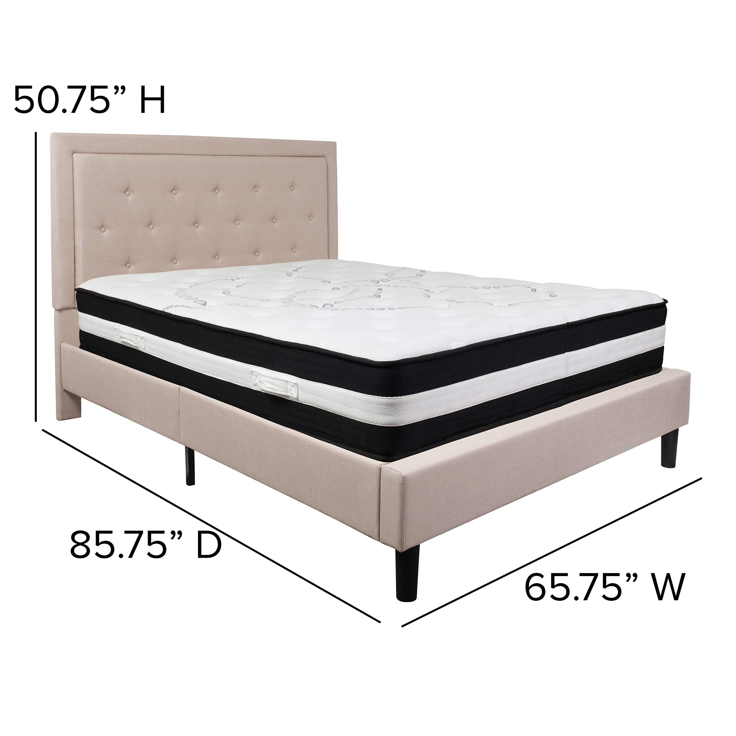 Flash Furniture Roxbury Queen Size Tufted Upholstered Platform Bed In Beige Fabric With Pocket Spring -Mattress