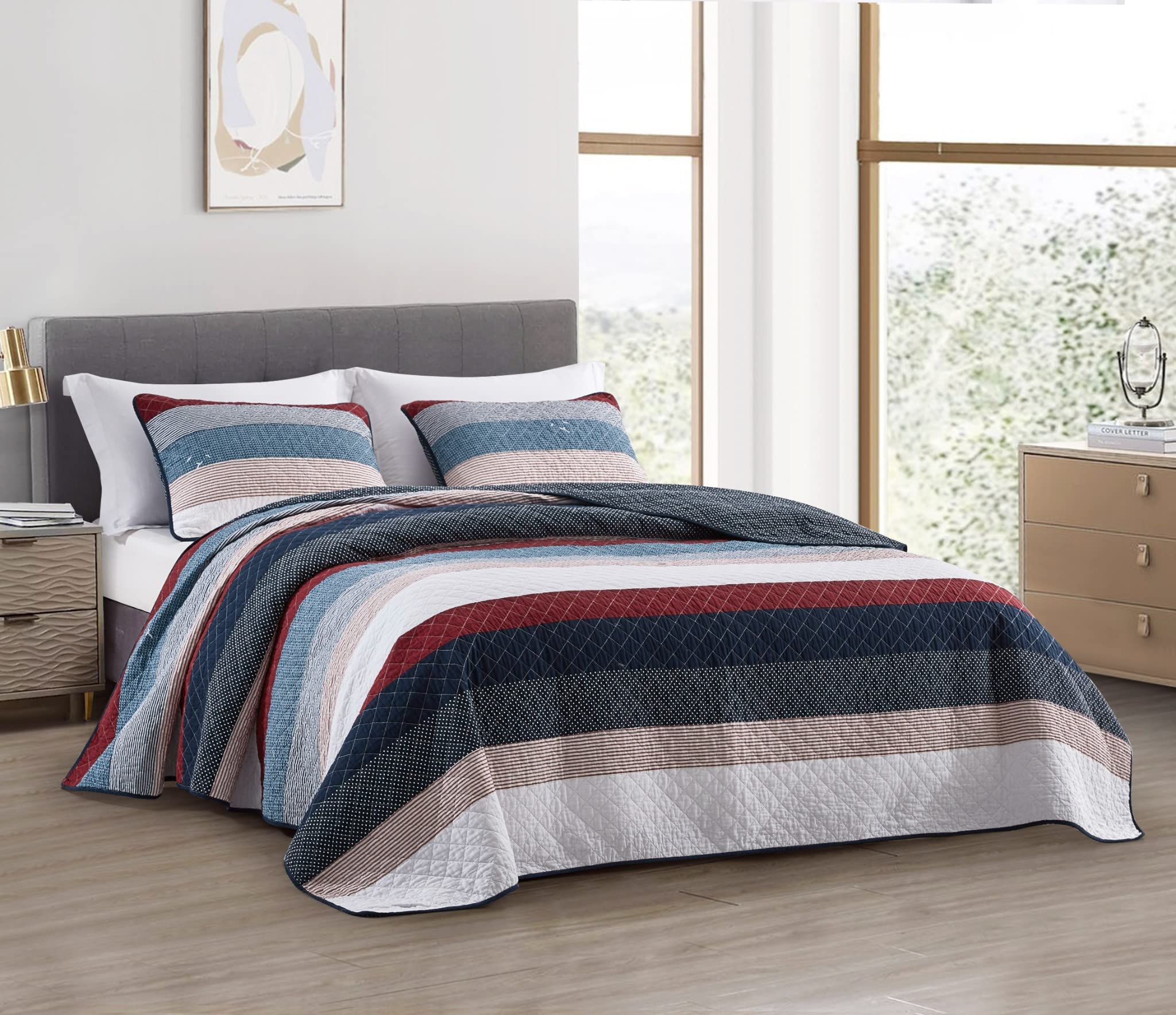 Chezmoi Collection Harlon 3-Piece Modern Patchwork Striped Quilt Set - Solid Polka Dot Candy Stripe Coverlet - Pre-Washed Cotton