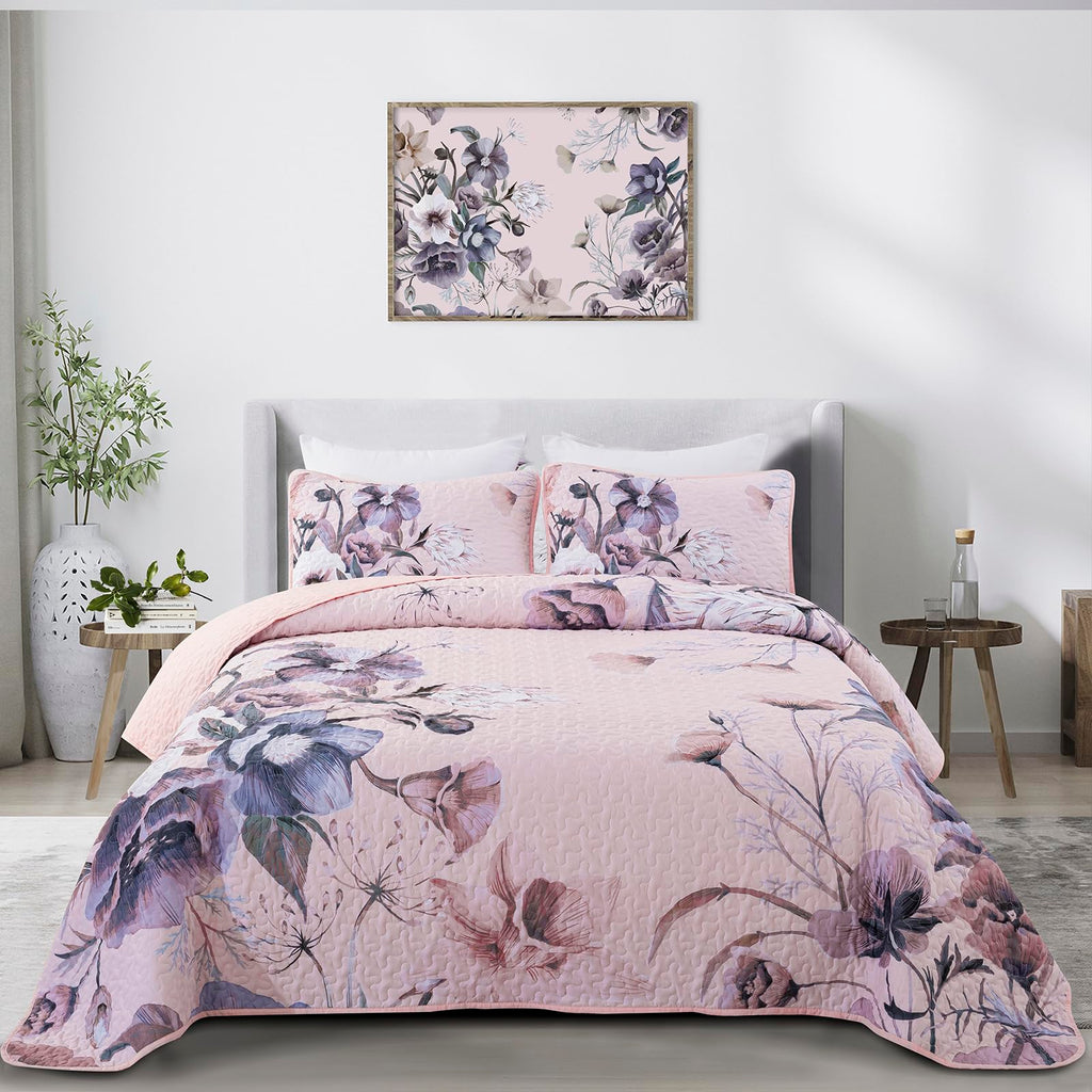 Drucon Floral Quilt Set King 3 Pieces Pink Floral Quilt Coverlet Set Soft Microfiber Lightweight Pink Quilted Bedspread for All 
