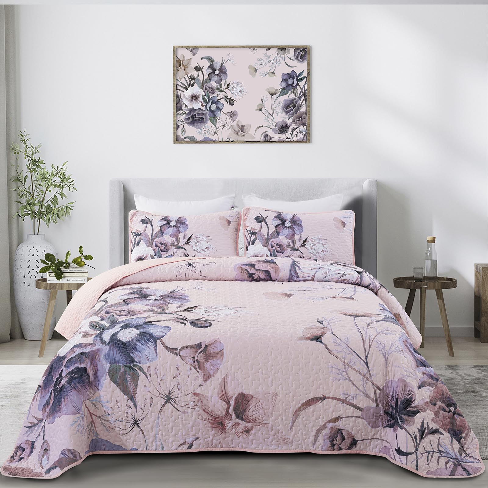 Drucon Floral Quilt Set King 3 Pieces Pink Floral Quilt Coverlet Set Soft Microfiber Lightweight Pink Quilted Bedspread for All 