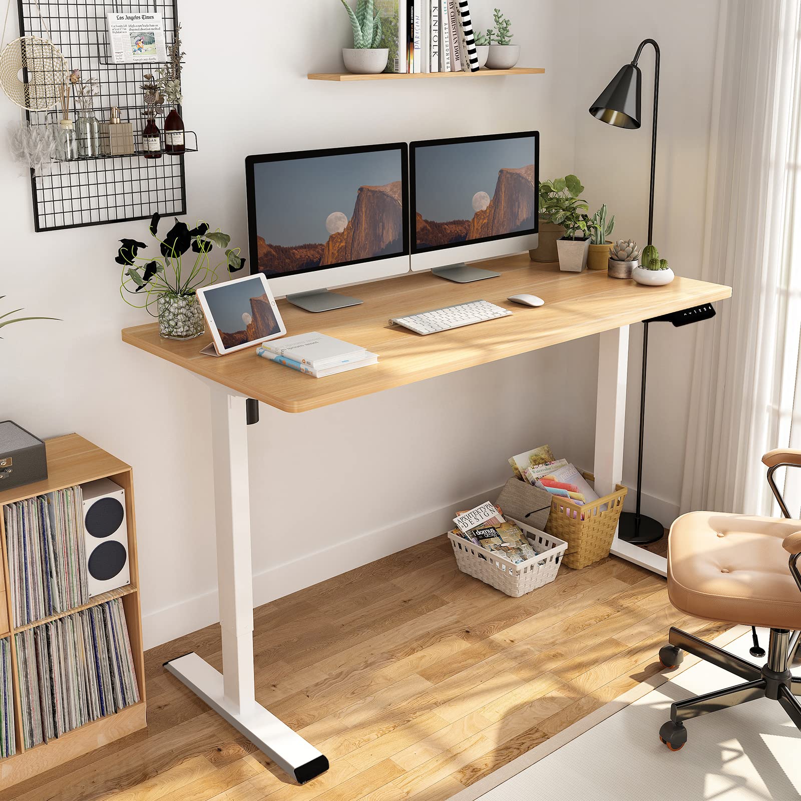Flexispot En1 Electric Stand Up Desk Workstation 60 X 24 Inch Whole-Piece Desktop Ergonomic Memory Controller Height Adjustable Standing Desk (White Frame + 60' Maple Desktop, 2 Packages)