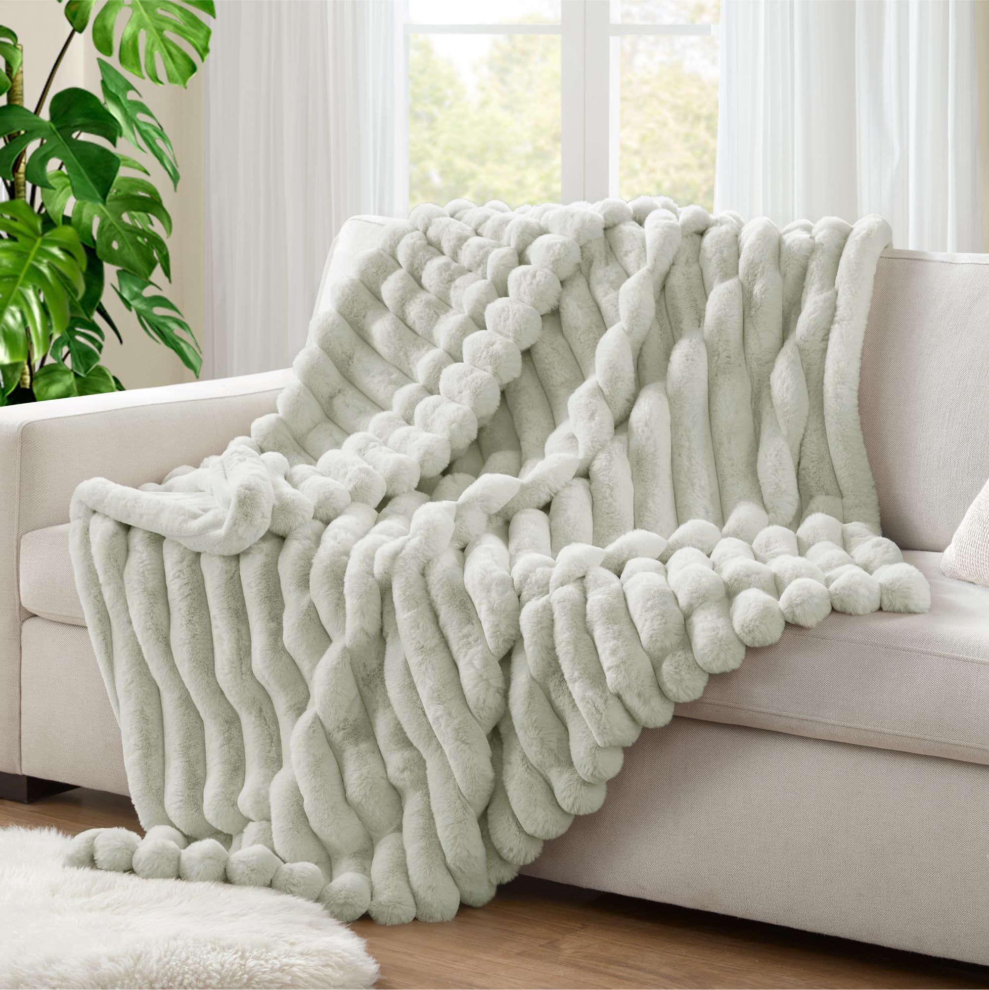 Hyde Lane Soft Fluffy Faux Fur Blanket - Cozy & Warm, Reversible Striped Plush Blanket For Couch, Sofa, Chair, For Women (Sage G