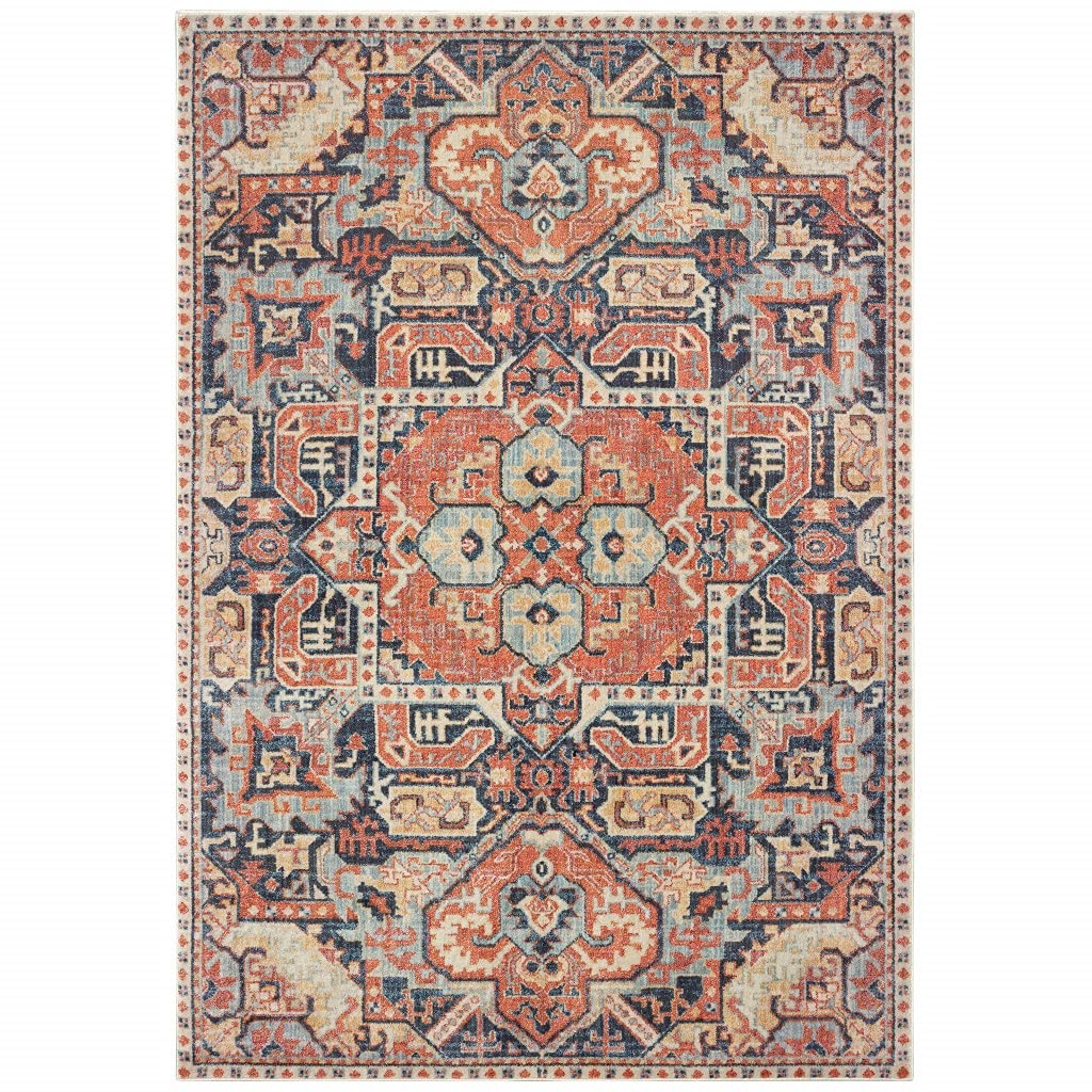 HomeRoots Polypropylene 5’x8’ Blue and Orange Tribal Area Rug