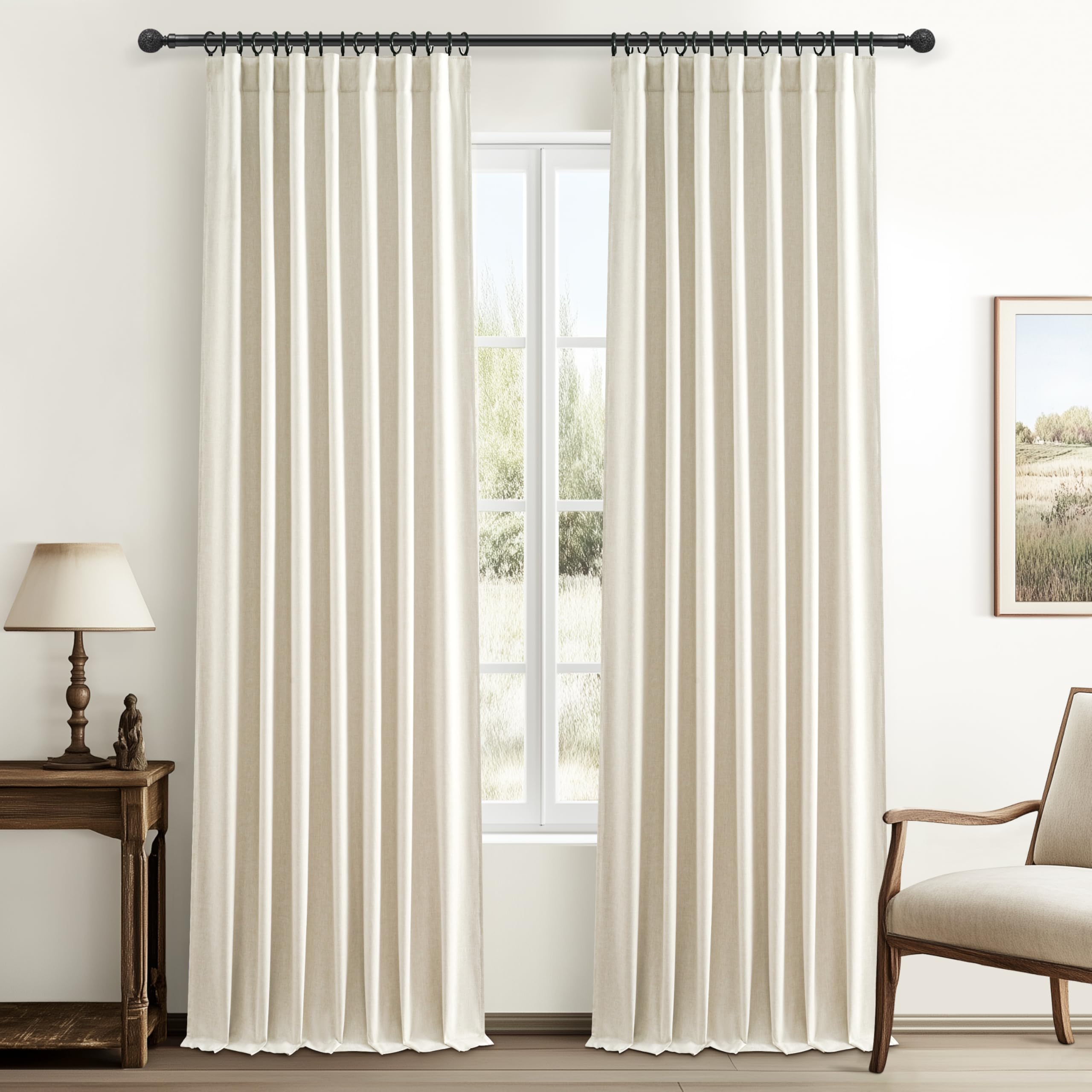 Warm Cream Thick Linen Black Out Curtains 92 Inch Long for Living Room 2 Panels Set, Farmhouse Pleated Room Darkening Window Dra
