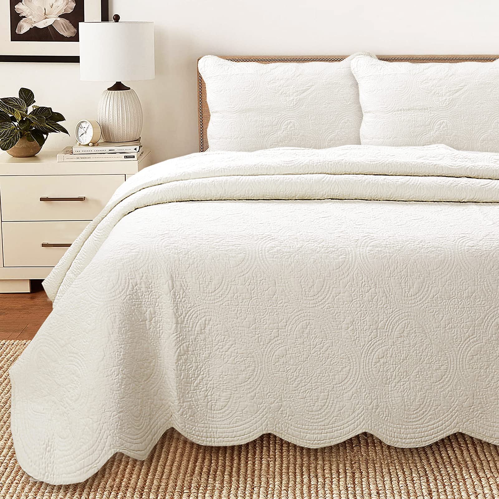 Cozy Line Home Fashions Victorian Medallion Solid Ivory Embossed 100% Cotton Bedding Quilt Set,Coverlet,Bedspread Set,For Bedroo