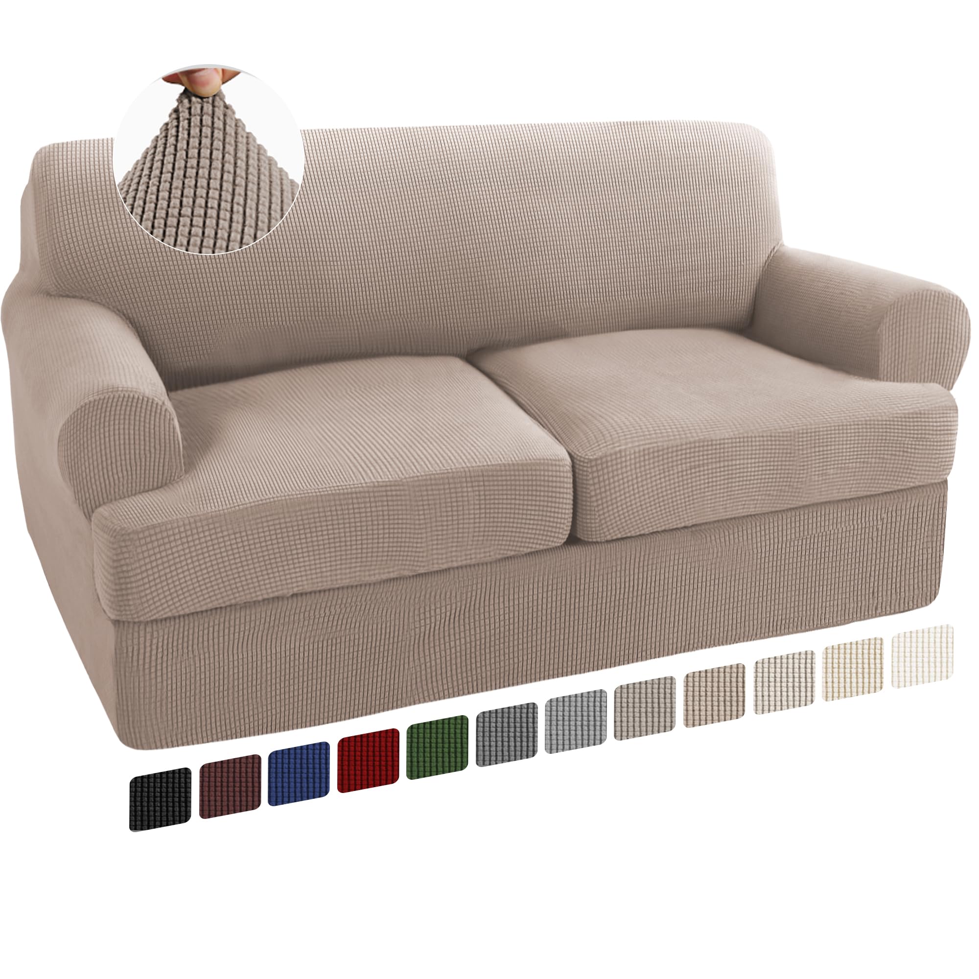 Turquoize 3 Piece T Cushion Loveseat Slipcovers Sofa Cover For 2 Cushion Couch Cover Washable Sofa Slip Cover Furniture Covers With 2 Individual T Cushion Seat Covers (2 Cushion Loveseat, Sand)