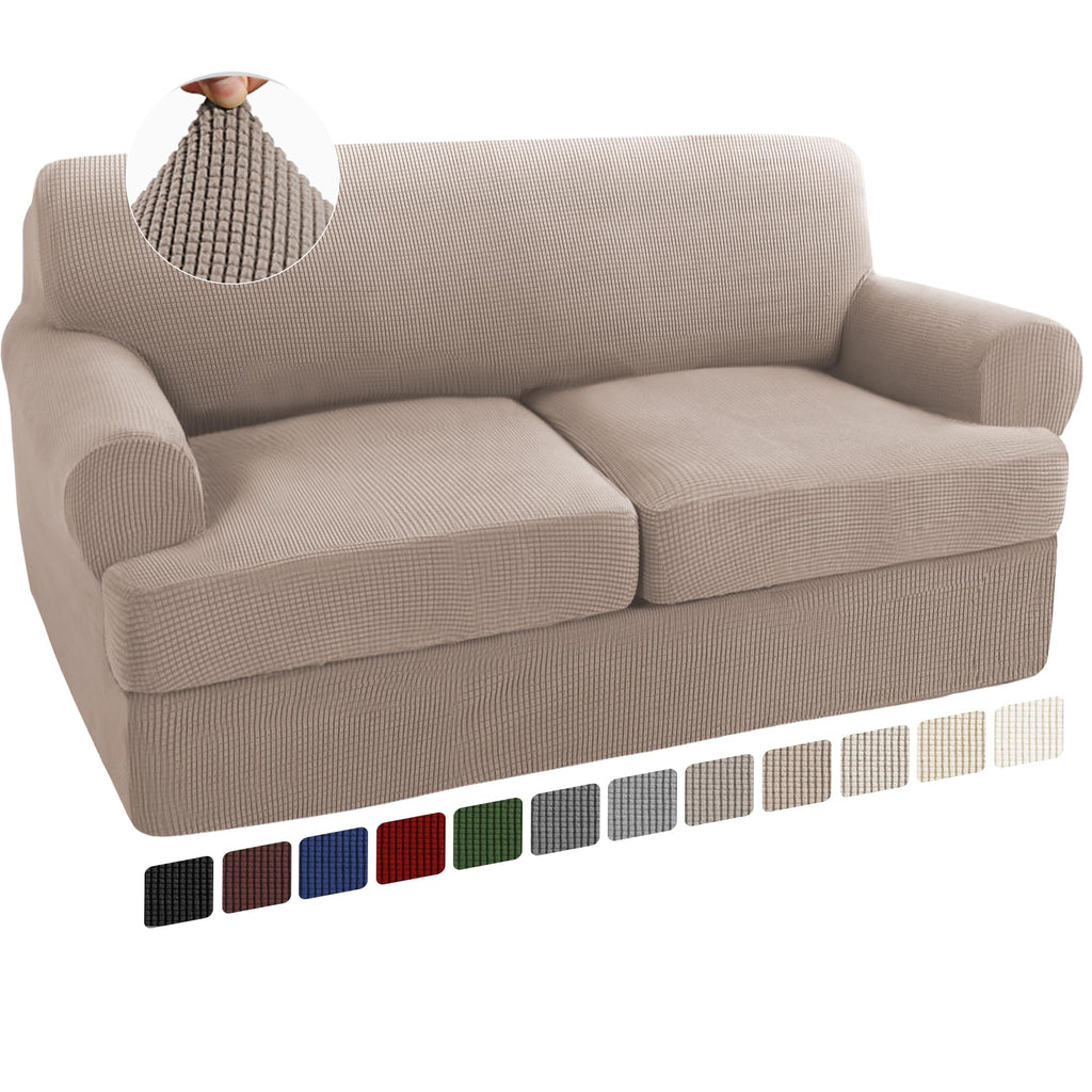 Turquoize 3 Piece T Cushion Loveseat Slipcovers Sofa Cover For 2 Cushion Couch Cover Washable Sofa Slip Cover Furniture Covers With 2 Individual T Cushion Seat Covers (2 Cushion Loveseat, Sand)