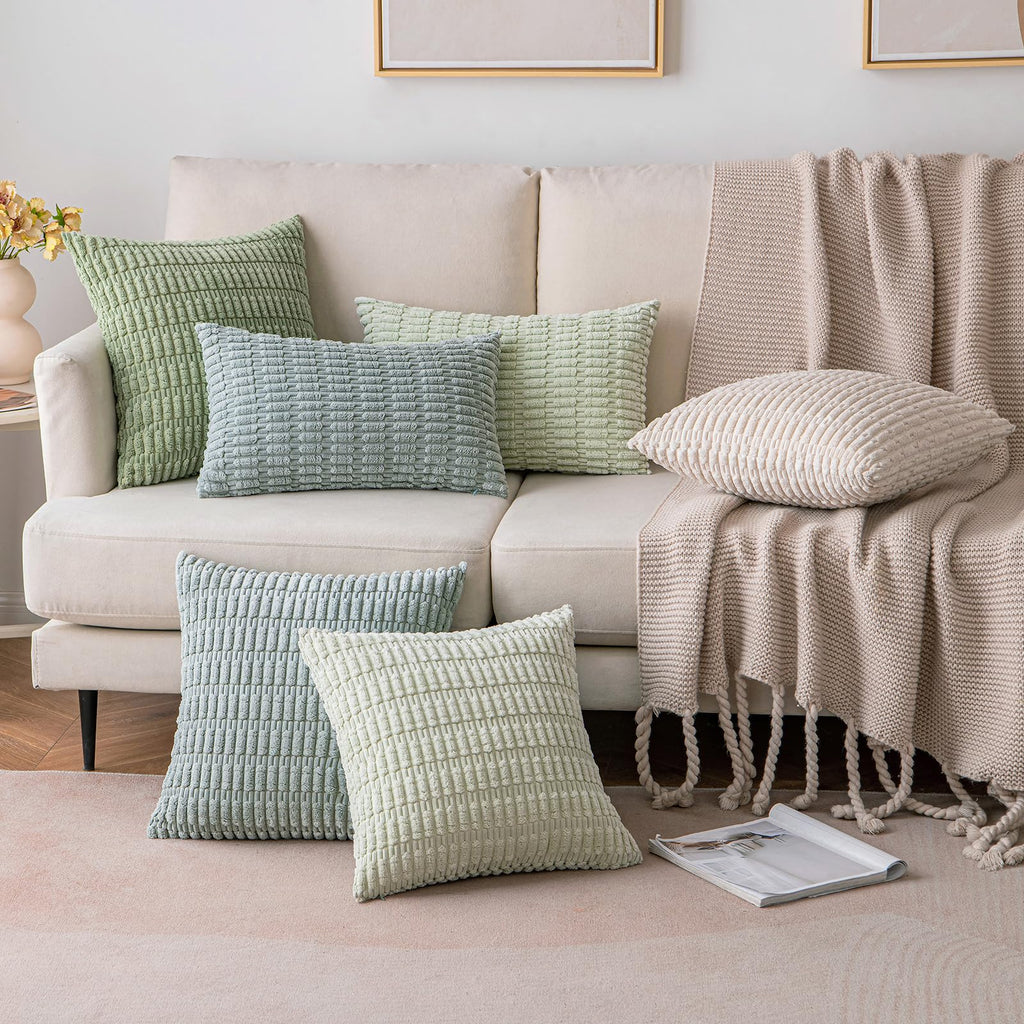 Anroduo Pack Of 2 Sage Green Decorative Throw Pillow Covers 18X18 Inch For Couch Bed Living Room Soft Corduroy Striped Square Cu