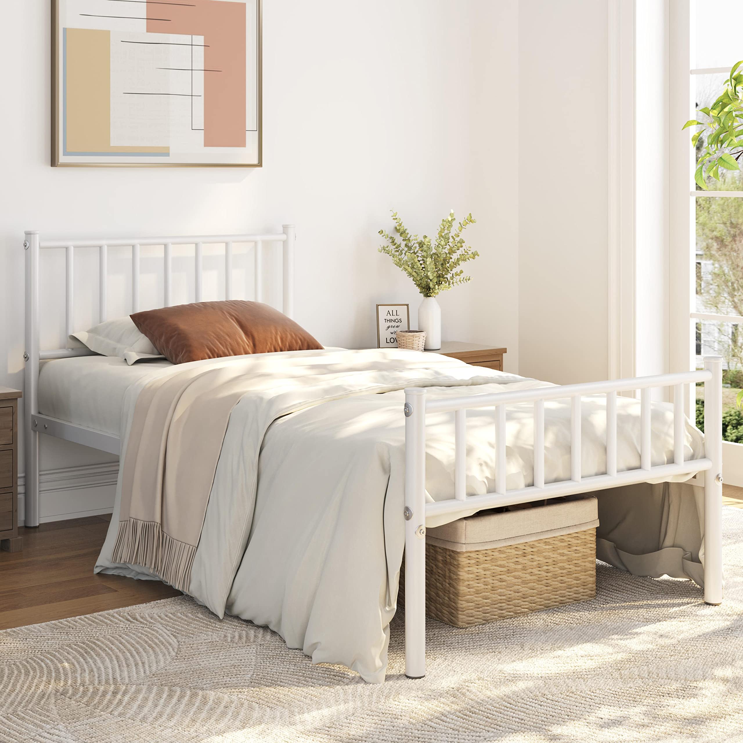 Yaheetech Twin Size Bed Frame Metal Platform Mattress Foundation With Spindle Headboard & Footboard/No Box Spring Needed/14 Inch Underbed Storage/Firm Support Easy Set Up Structure, White