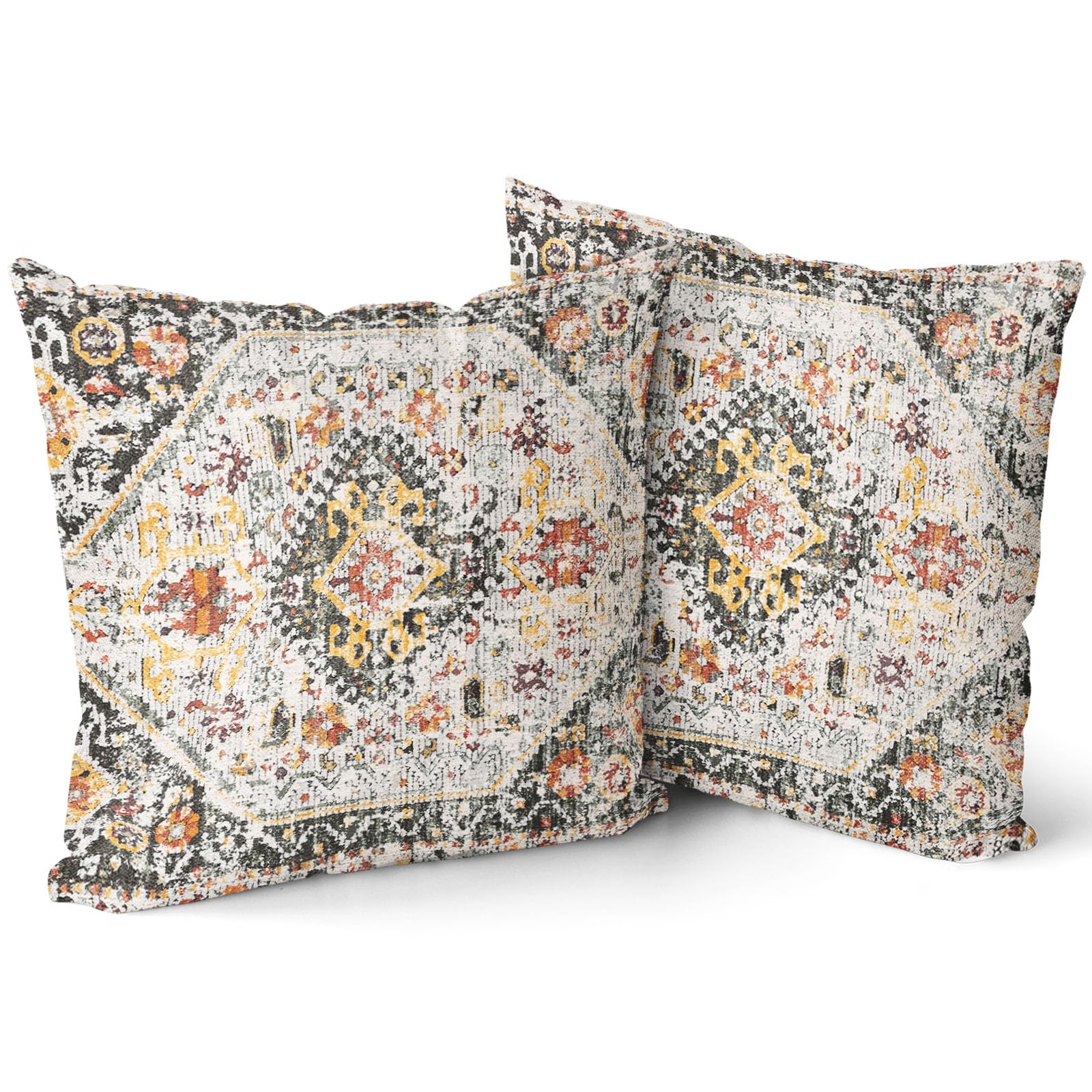 Green Orange Yellow Vintage Bohemian Pillow Covers 18X18 In Muted Cream Boho Flower Rug Print Oriental Carpet Pillowcases Set 2