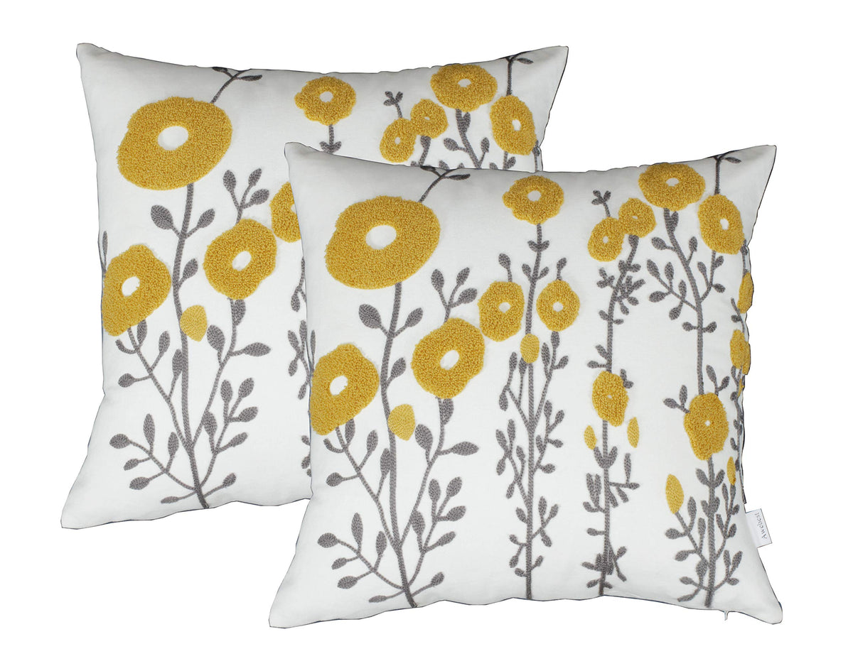 Awebest Mustard Yellow Flora Throw Pillow Covers Fall Decorative Pillowcase 18X18 Embroidered Cushion For Home Living Room Farmh