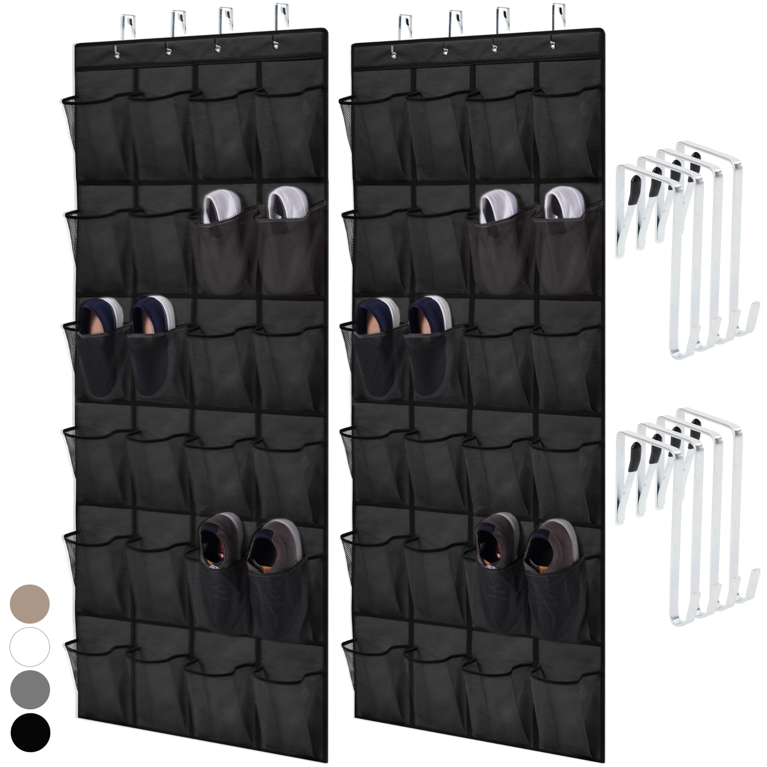 Home Genie Over The Door Hanging Shoe Organizer, 2 Pack, 24 Breathable Mesh Pockets, Closet Rack Storage Holder Stay In Place Hooks Hang On Closets, Hanger Holds Up To 40 Lbs, Shoes, Accessories Black