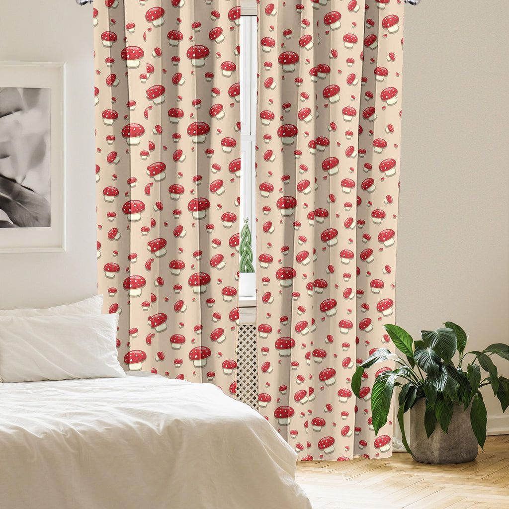 Ambesonne Mushroom Window Curtains Pack Of 2, Woodland Themed Illustration Of Spotted Toadstool Summer Season Forest Cartoon, Li