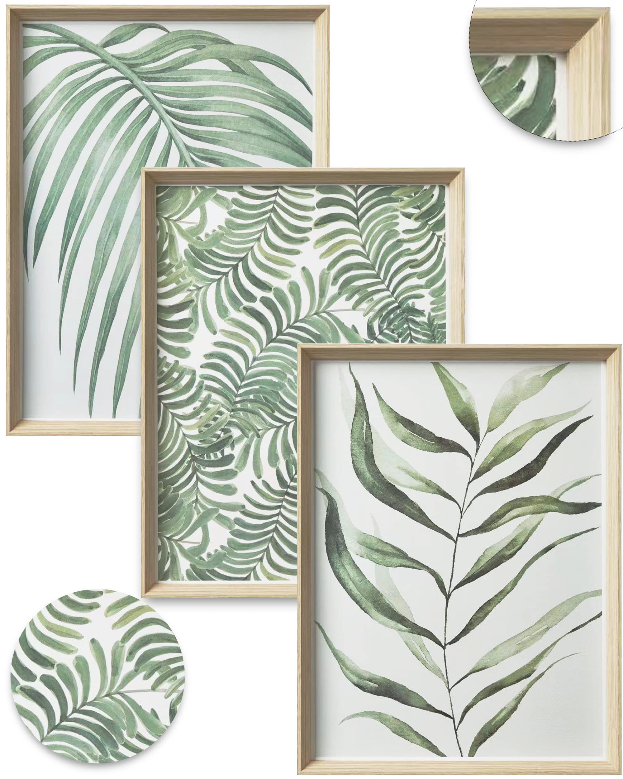 UPWOIGH Framed Green Wall Art(No Plexiglass), Palm Leaves Canvas Wall Art,16x12in Botanical Wood Bohemia Sage Wall Decor Prints 