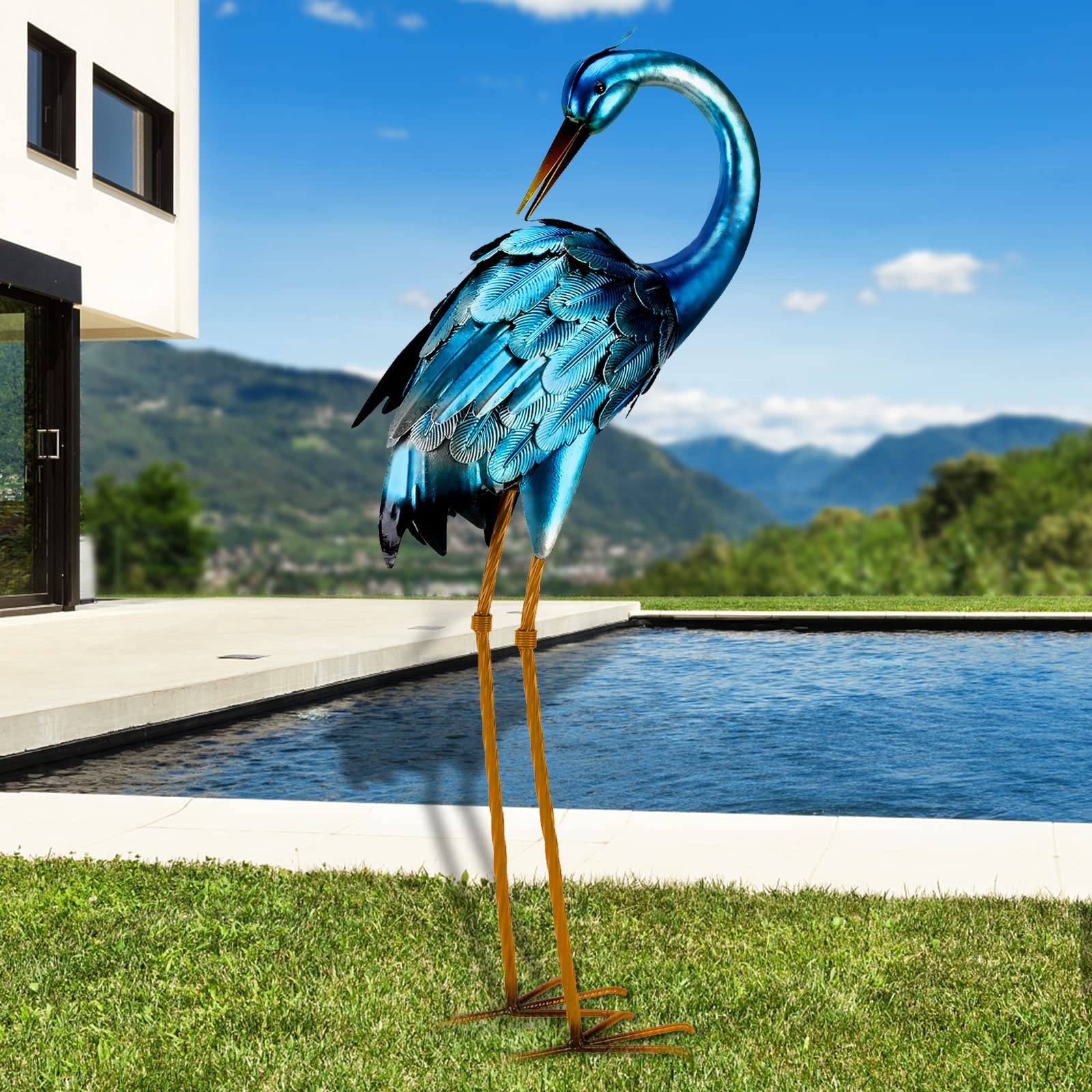 Chisheen Crane Garden Statues, Metal Garden Crane Outdoor, Blue Heron Sculpture Metal Yard Art, Large Garden Heron Decoy, Bird S