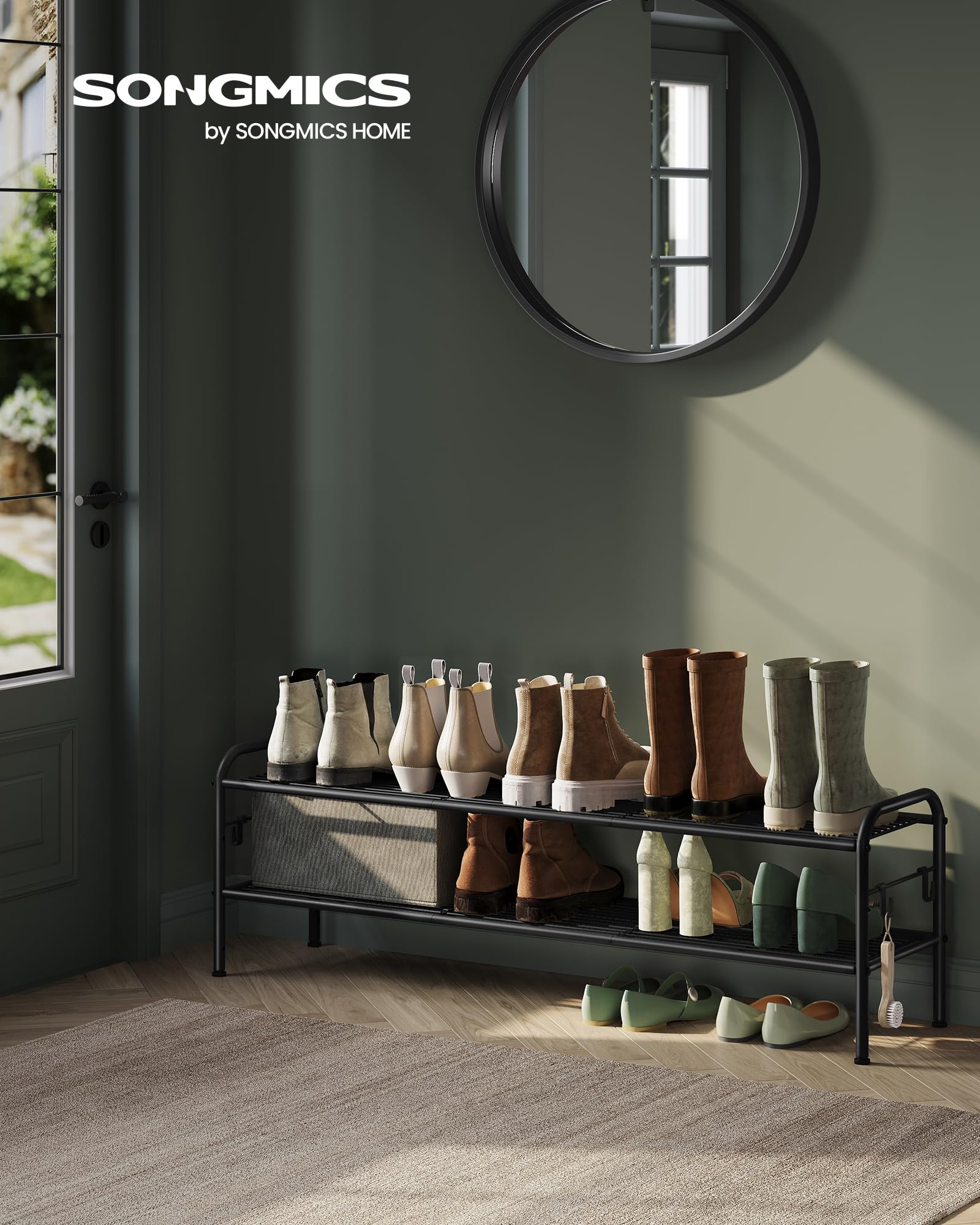 Songmics Shoe Rack, 2-Tier Shoe Organizer, Metal Shoe Shelf Storage With 4 Side Hooks, Holds 12 Pairs Of Shoes, Height-Adjustable Shoe Rack For Entryway, Hallway, Closet, Easy Assembly, Ink Black