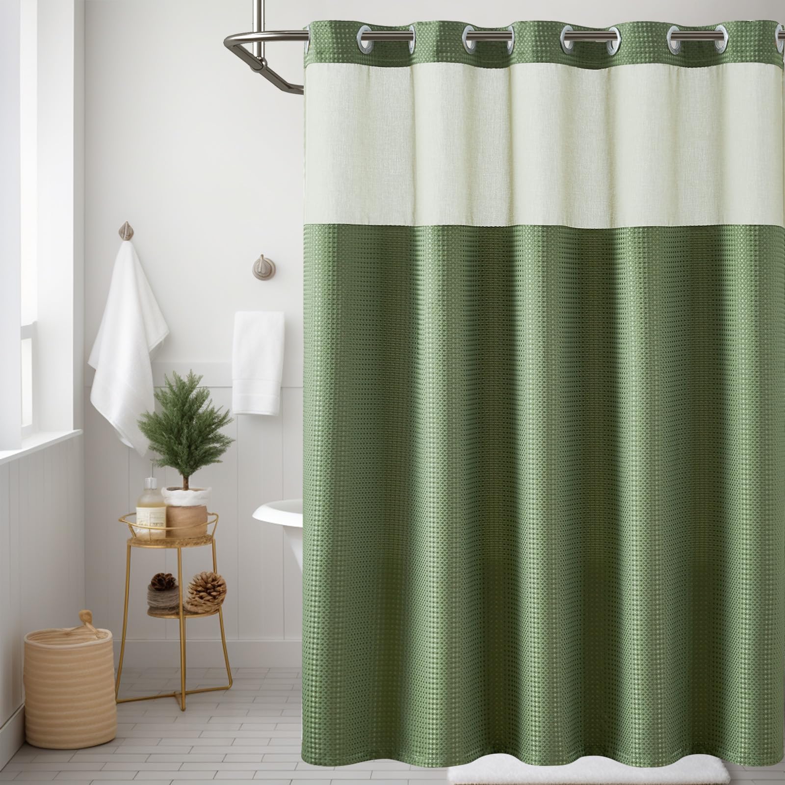 jinchan Olive Green No Hook Waffle Weave Shower Curtain with See Through Top Window Honeycomb Textured Waterproof Fabric Bathroo