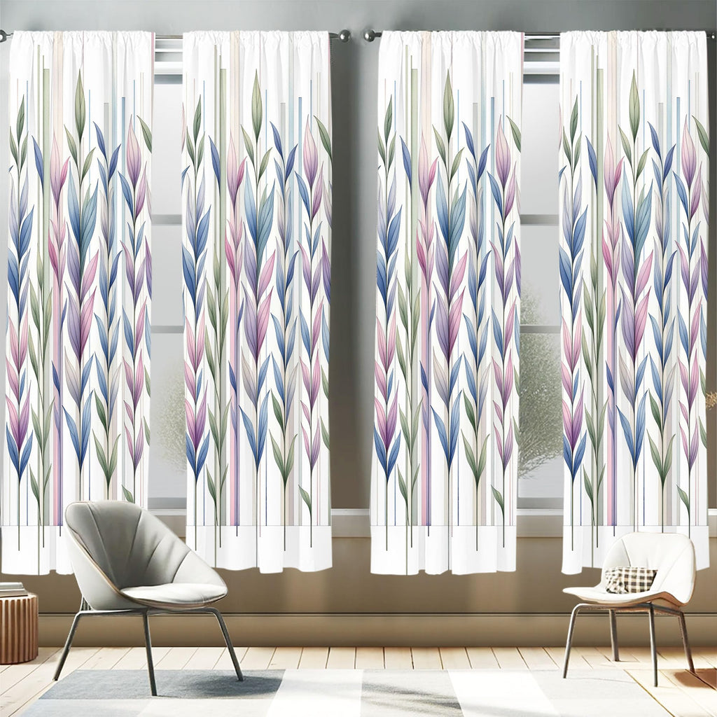 Ambesonne Leaves Window Curtains Pack of 2, Watercolor Style Tall Leafy Branches on Bar Look Striped Pastel Colorful, Lightweigh