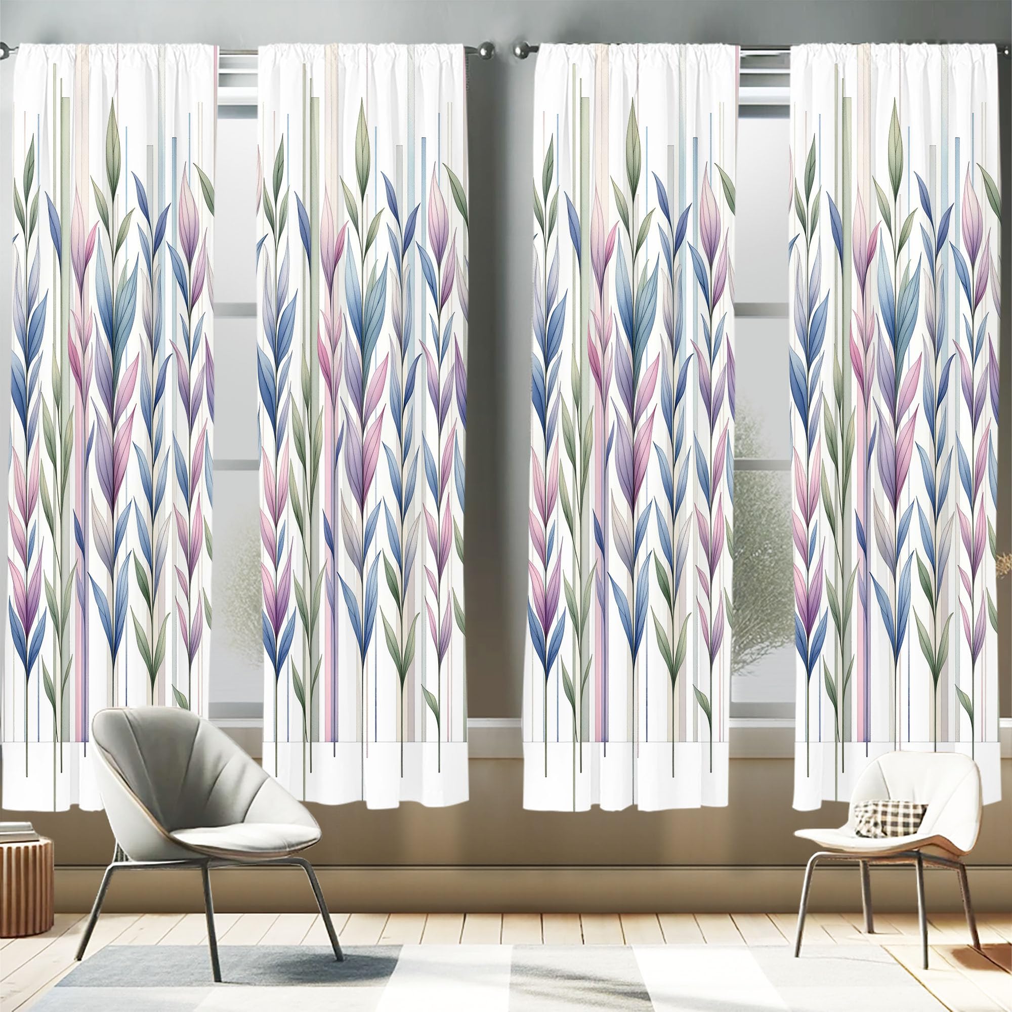 Ambesonne Leaves Window Curtains Pack of 2, Watercolor Style Tall Leafy Branches on Bar Look Striped Pastel Colorful, Lightweigh