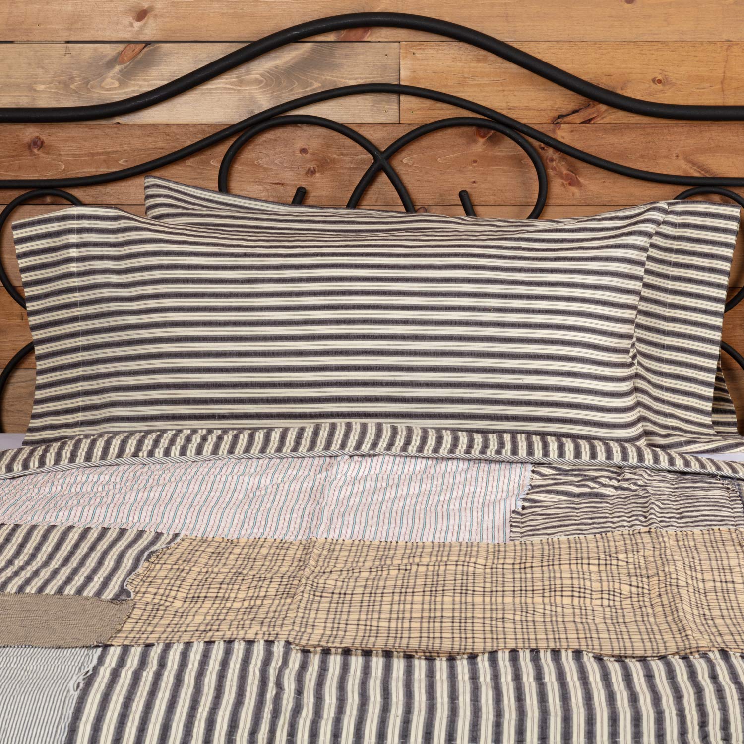 Vhc Brands Ashmont Farmhouse Stripe Pillow Case Set Of 2, Charcoal Grey And Ivory/Creme, Extra Large King Size- 21X40