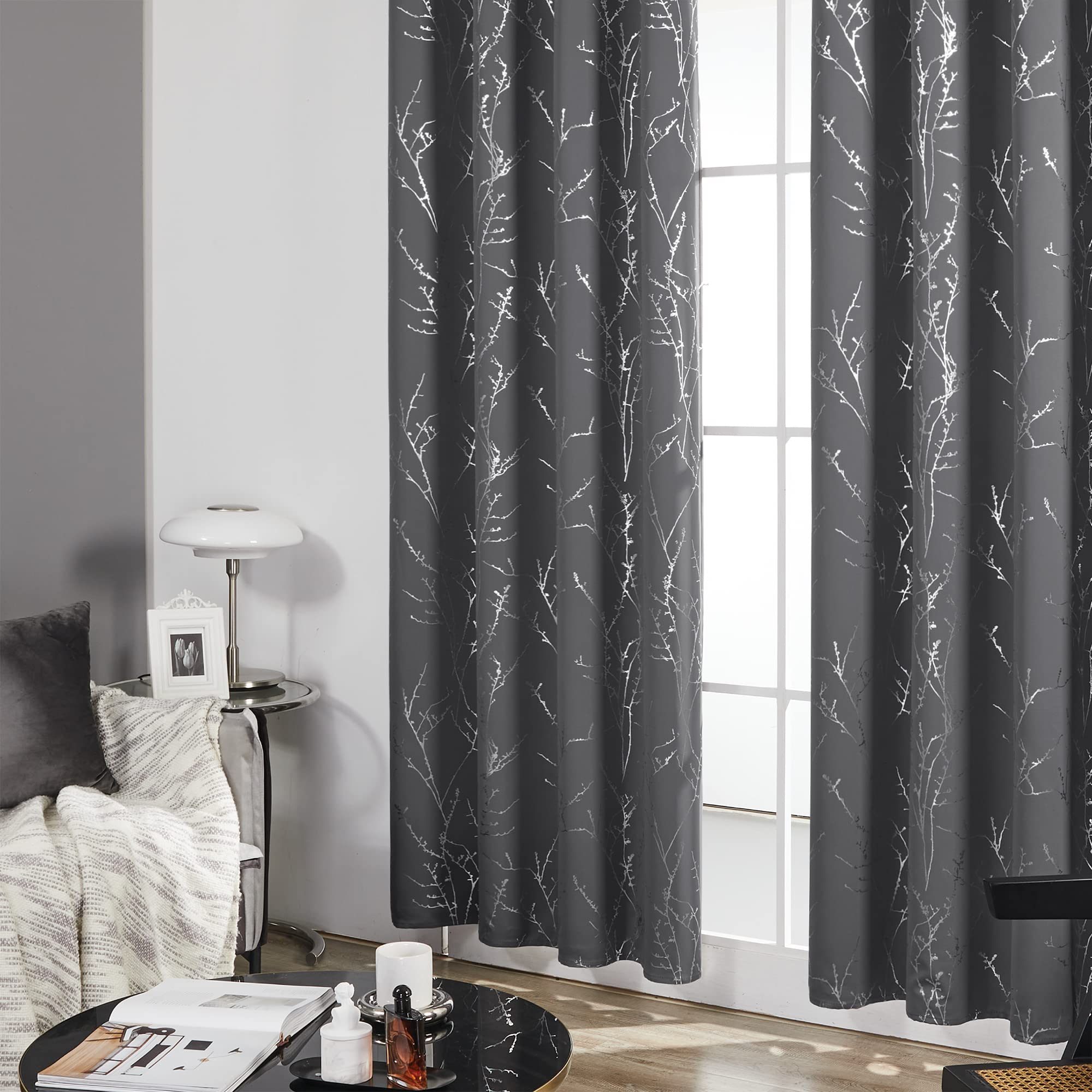 Deconovo Blackout Curtains - Silver Blossoming Branch Print, Thermal Insulated, Noise Reducing, Privacy Drapes For Bedroom & Living Room (42W X 63L Inch, Dark Grey/Silver Tree Branch, 2 Panels)