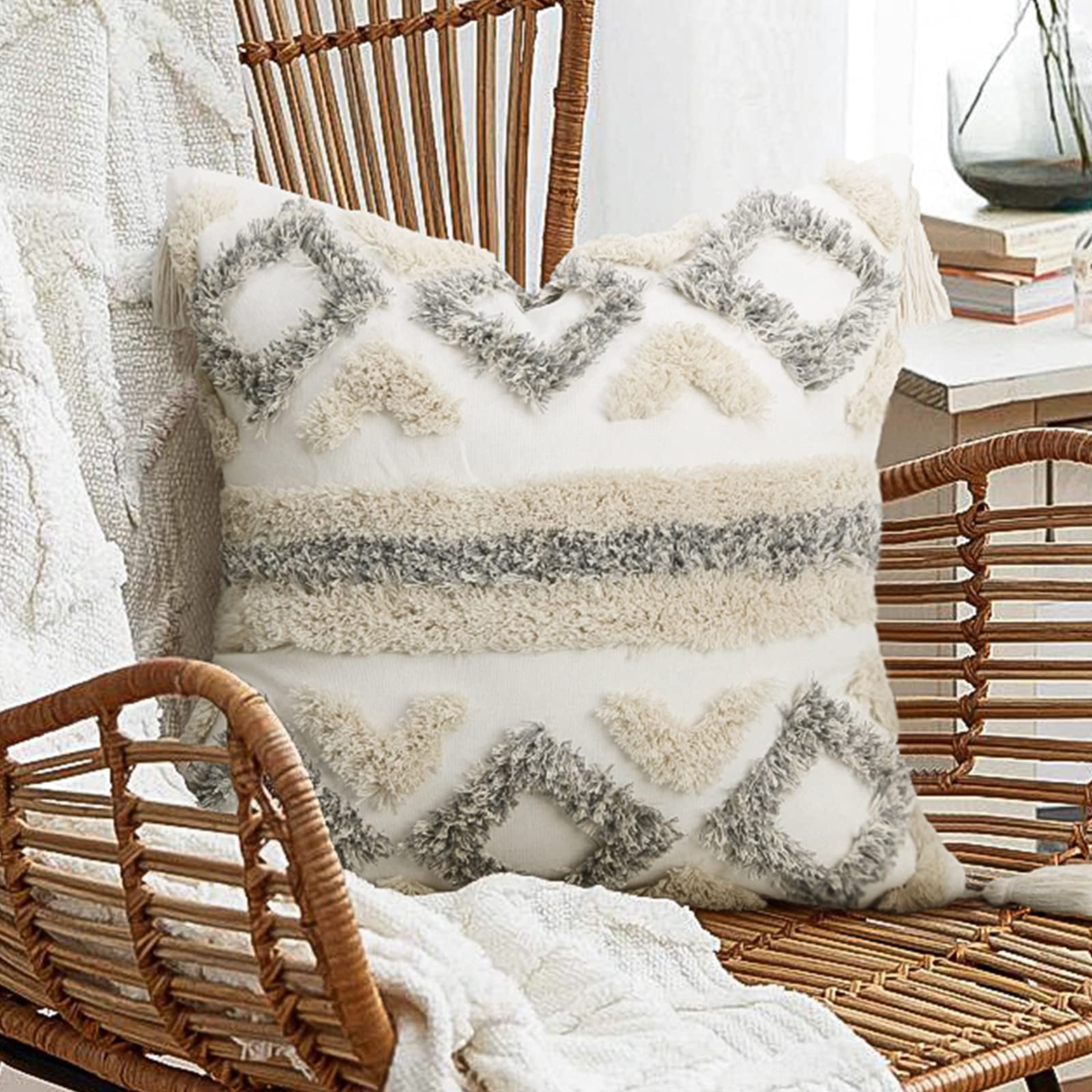 Merrycolor Boho Throw Pillow Covers 18X18 With Tassels White And Grey Decorative Throw Pillows Woven Tufted Pillowcase Modern Ac
