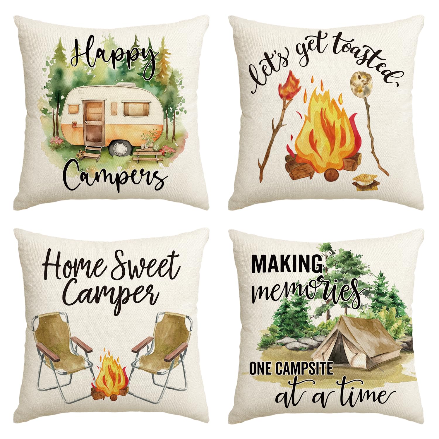 Avoin Colorlife Happy Campers Let'S Get Together Throw Pillow Covers 18X18 Inch Set Of 4, Camper Saying Campfire Decoration For