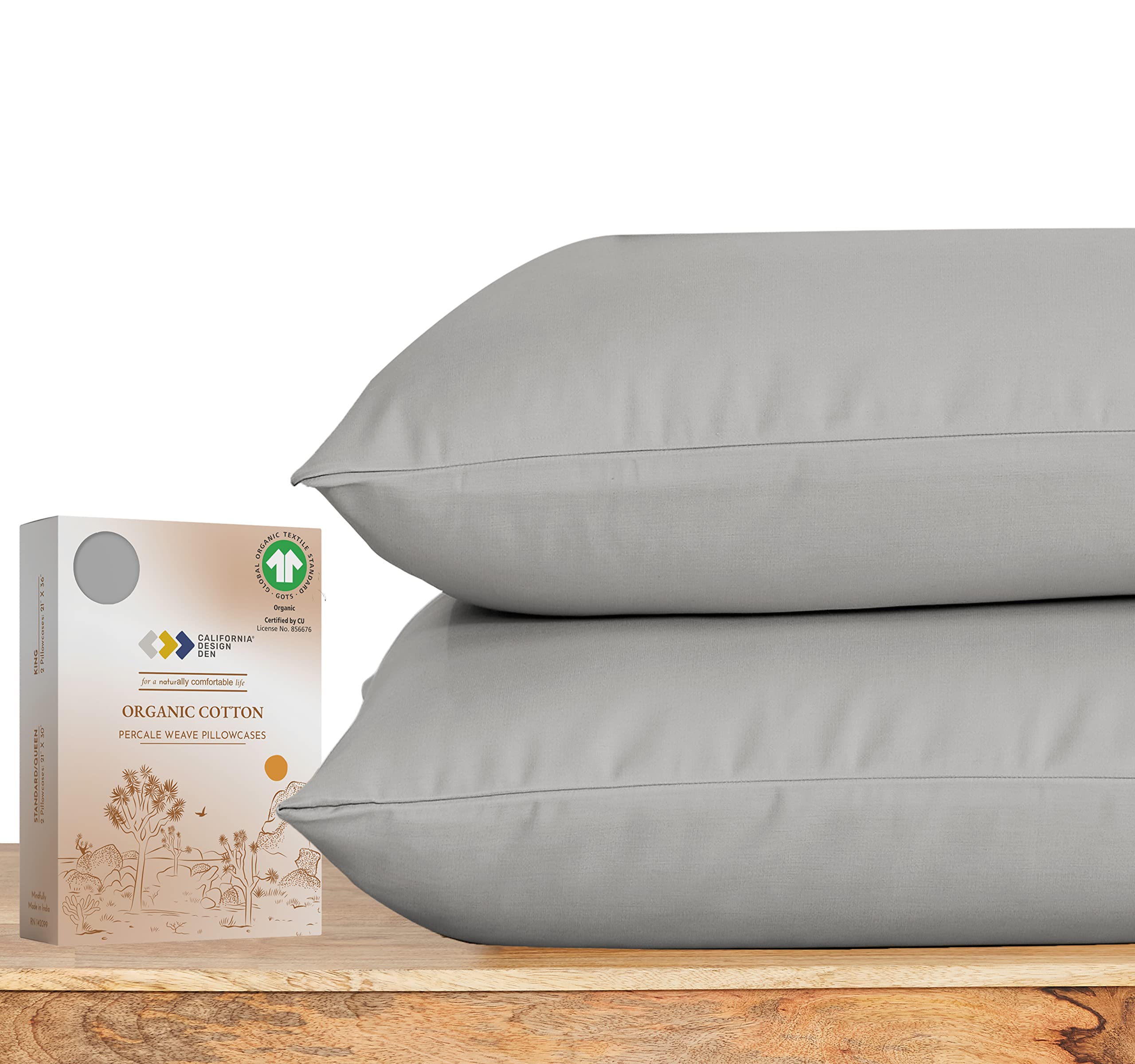California Design Den 100% Organic Cotton Pillow Cases Standard Size/Queen Size Set Of 2, Authentic Gots Certified, Soft & Cooli
