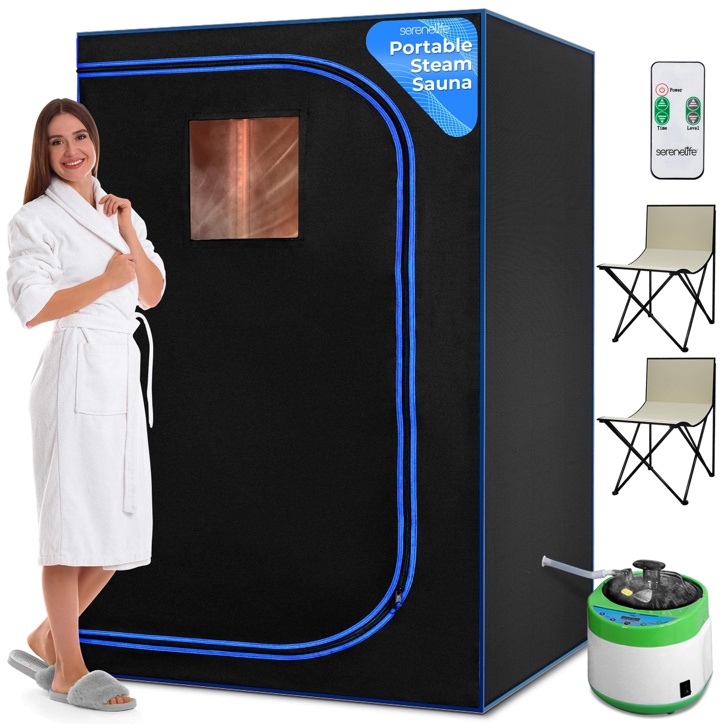 Serenelife Portable Sauna For Home, 2 Person Steam Sauna Tent With 4L Steamer, 2 Folding Sauna Chairs, Remote Control In-Home Sp