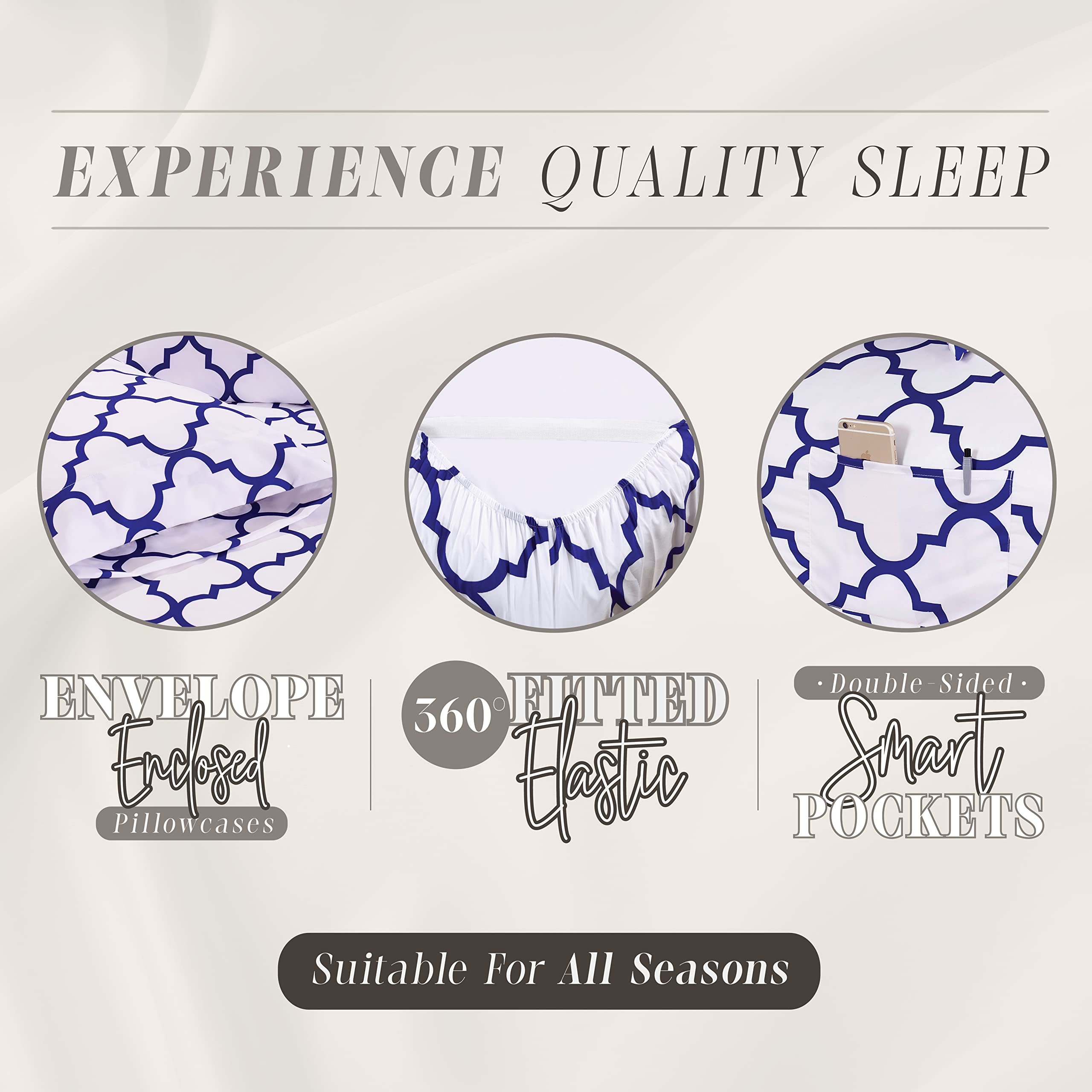 Elegant Comfort 6-Piece Moroccan Trellis Print Sheet Set, Super Cozy, Fade And Wrinkle Resistant, 1500 Premium Hotel Quality Microfiber, Deep Pocket Fitted Sheet With Smart Pockets, Full, Blue