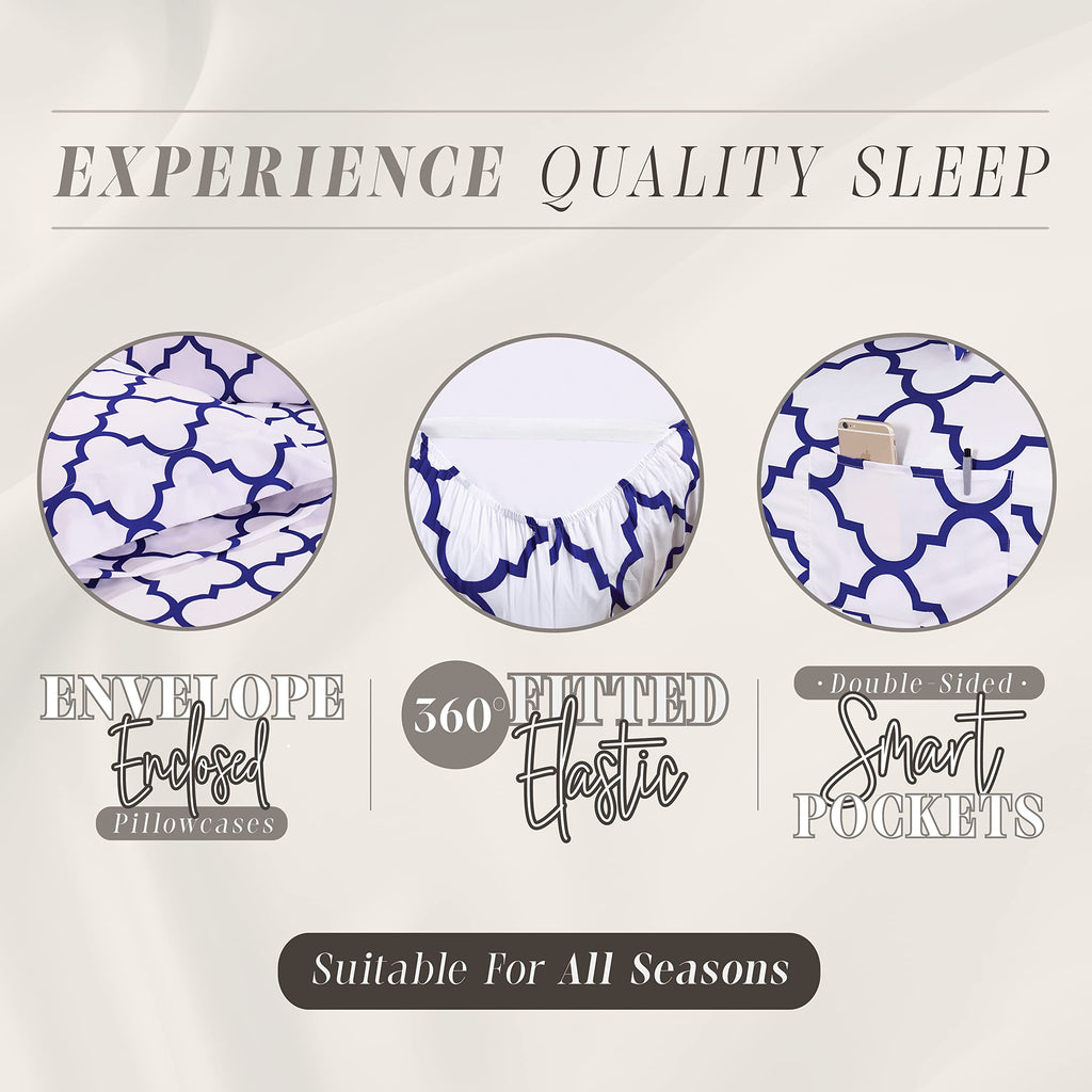 Elegant Comfort 6-Piece Moroccan Trellis Print Sheet Set, Super Cozy, Fade And Wrinkle Resistant, 1500 Premium Hotel Quality Microfiber, Deep Pocket Fitted Sheet With Smart Pockets, Queen, Blue