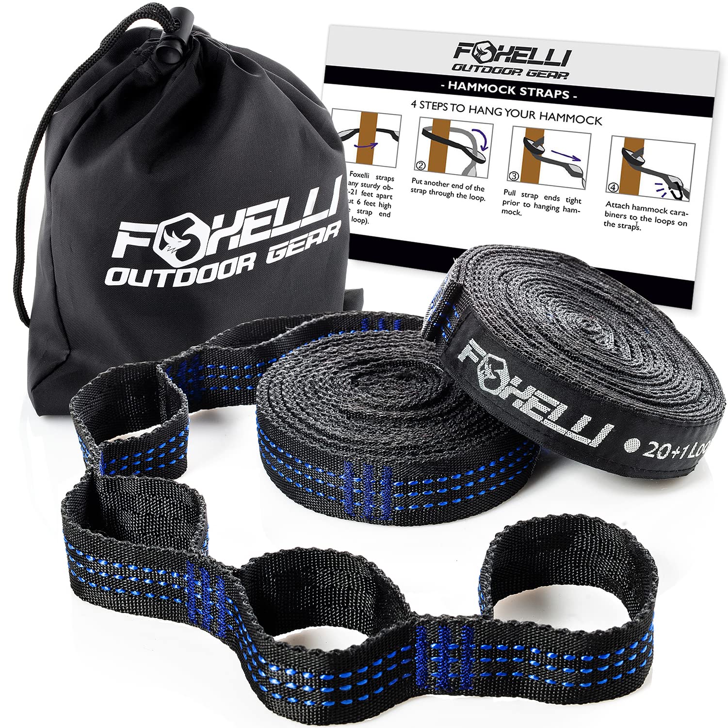 Foxelli Xl Hammock Straps - Extra Long 20Ft Heavy Duty No-Stretch Suspension System, 40+2 Loops, 2000 Lbs Capacity, For Indoor/O