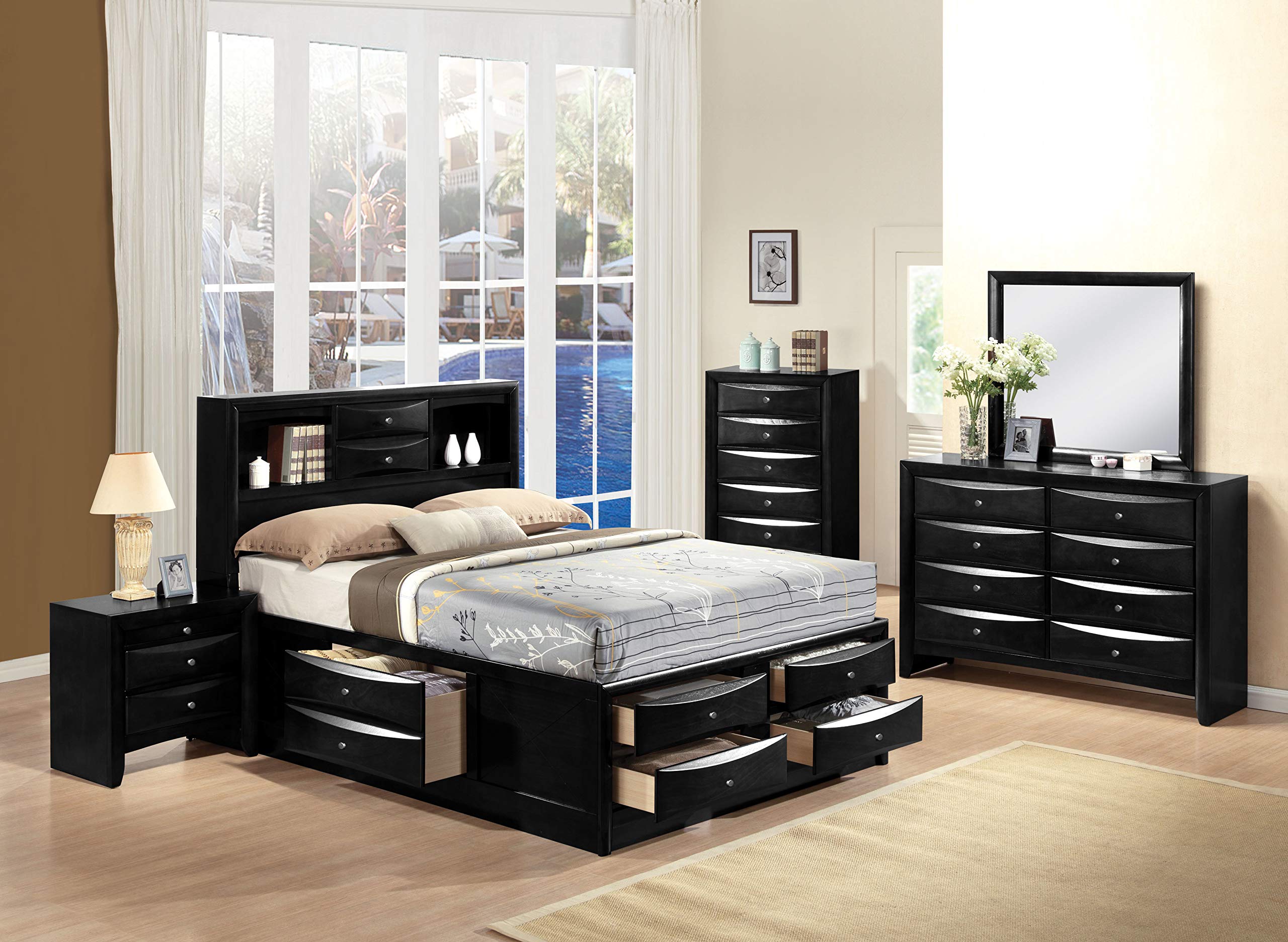 Benjara Contemporary Style Queen Size Wooden Storage Bed With Eight Spacious Drawers, Black,